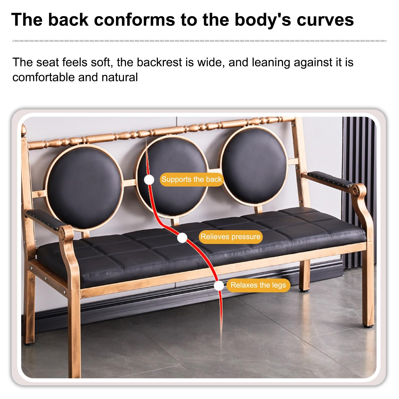 Wartebank, Empfangsstuhl aus Leder mit Metallgestell und ergonomischer Rückenlehne, für Büro, Klinik, Lounge, Empfang, Wartezimmer (Schwarz 152 cm)