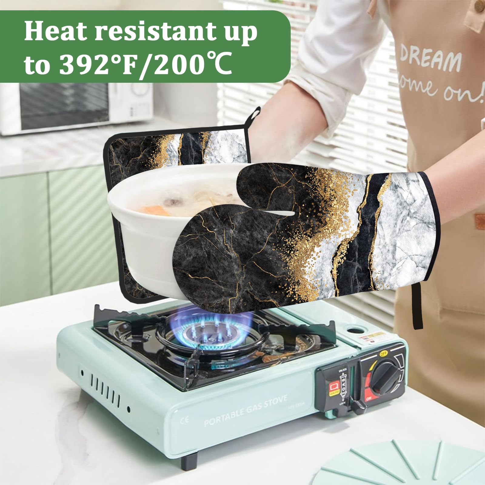 Ofenhandschuhe und Topflappen, Marmor, Schwarz, Weiß, Gold, 4 Stück, extra lang, hitzebeständig, Topflappen zum Backen, Grillen, Grillen