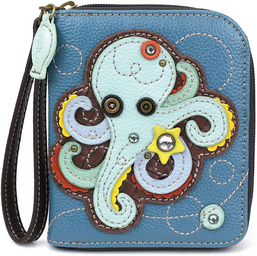 CHALA Zip Around Wallet, Wristlet, 8 Credit Card Slots, Sturdy Pu Leather - Octopus - Blue