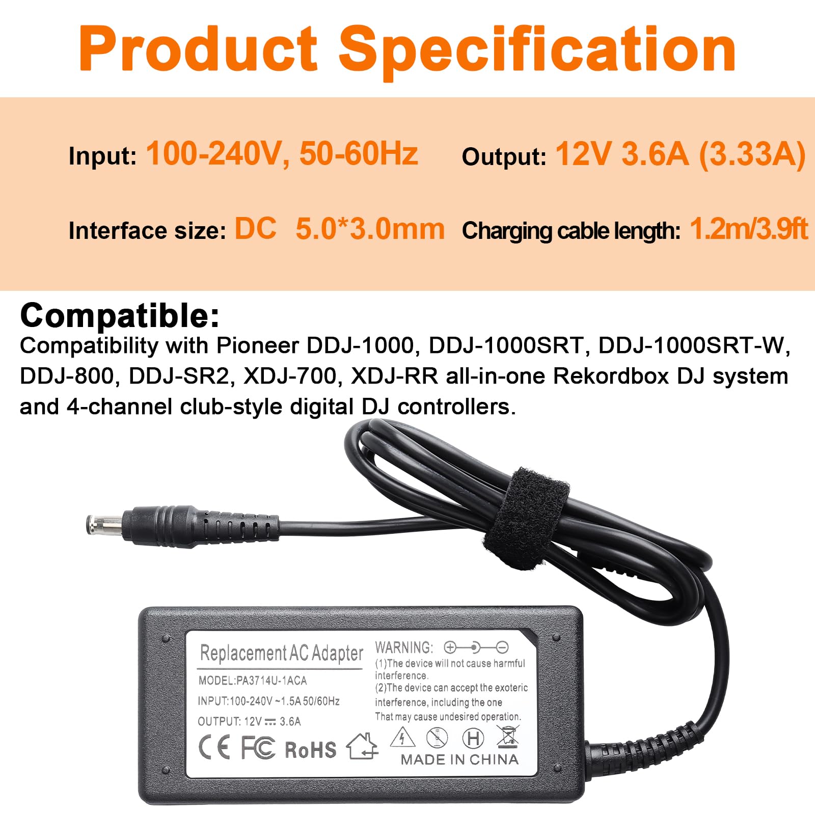 12 V 3,6 A Adattatore di Alimentazione, Compatibile con Pioneer DJ DDJ-1000 DDJ-1000 SRT DDJ-800 DDJ-RR XDJ-RR, Compatibile con Sony PSVR PSVR2 Playstation VR CUH-ZAC1 CUH-ZVR2 Caricabatterie ADP-36NH