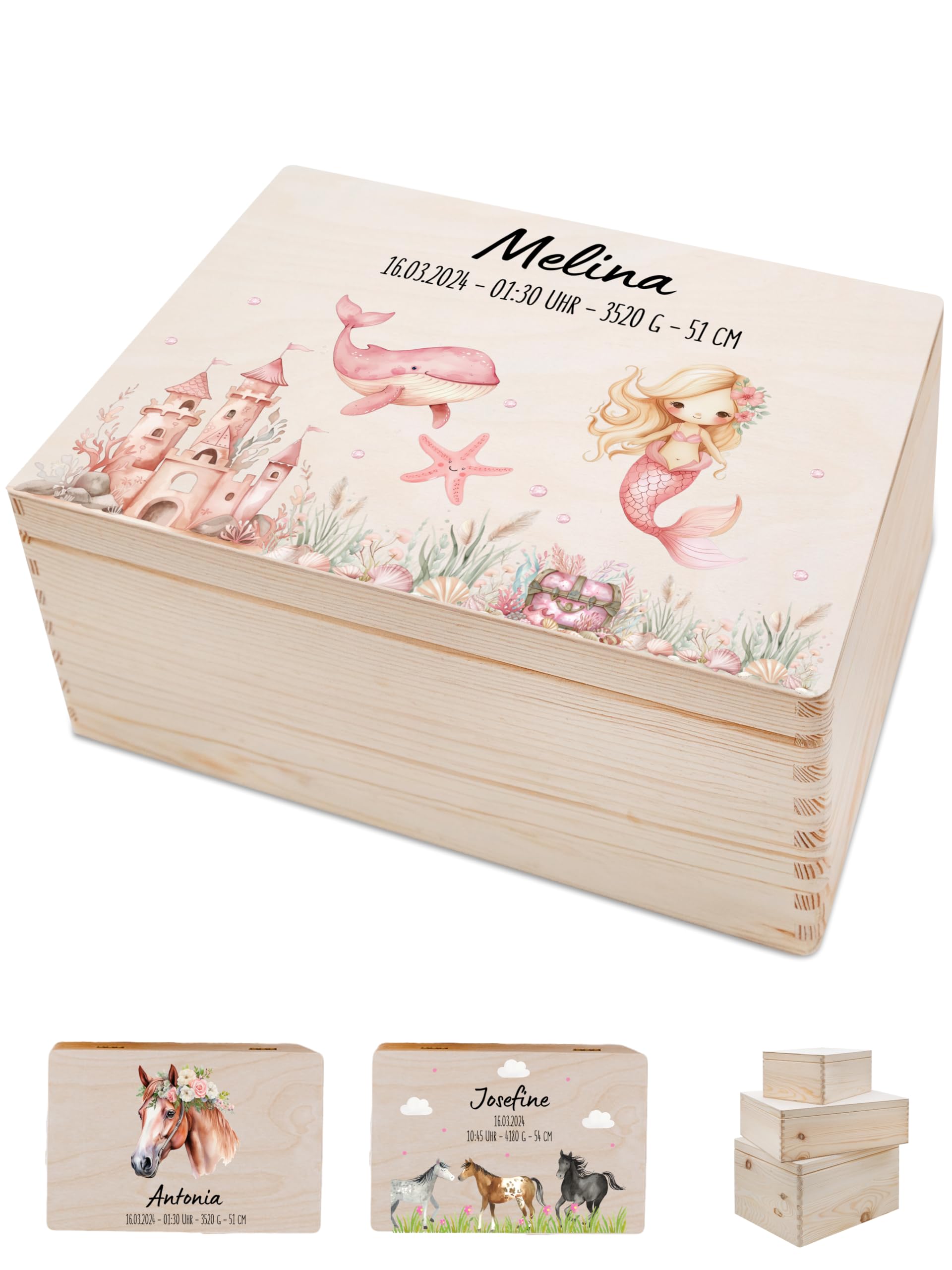 Bärenfreunde - Personalisierte Erinnerungsbox Baby mit Spezial-Druck - Individuelle Baby Erinnerungsbox - Erinnerungskiste aus Holz - Geschenk zur Geburt (S | Klappdeckel,Meerjungfrau rosa)