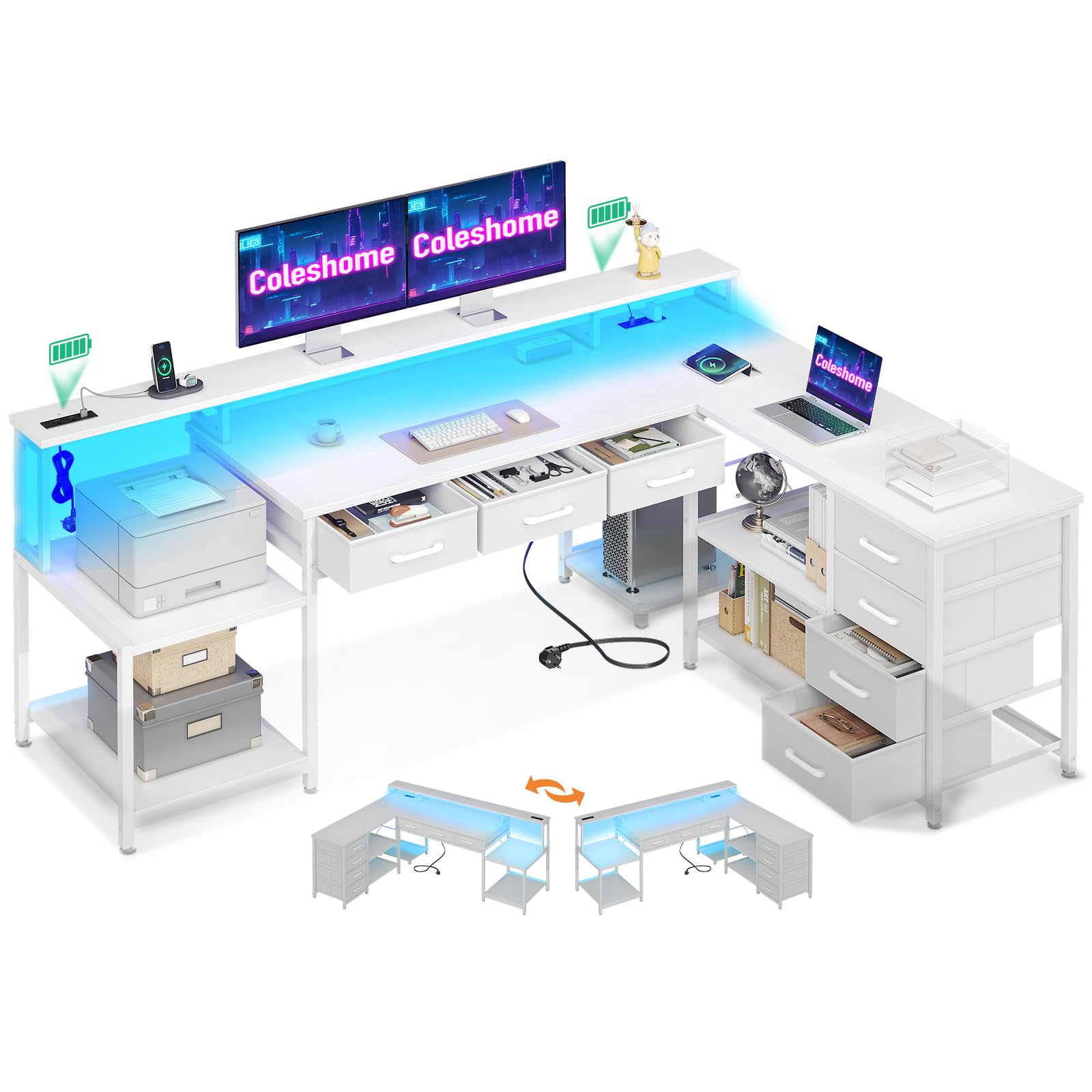 Coleshome Mesa de Juegos con Luces LED RGB, Escritorio de Esquina con 7 Cajones y Amplio Espacio de Almacenamiento, Escritorio en Forma de L Reversible con 2 Tomas, Blanco, 179.5×135.5cm