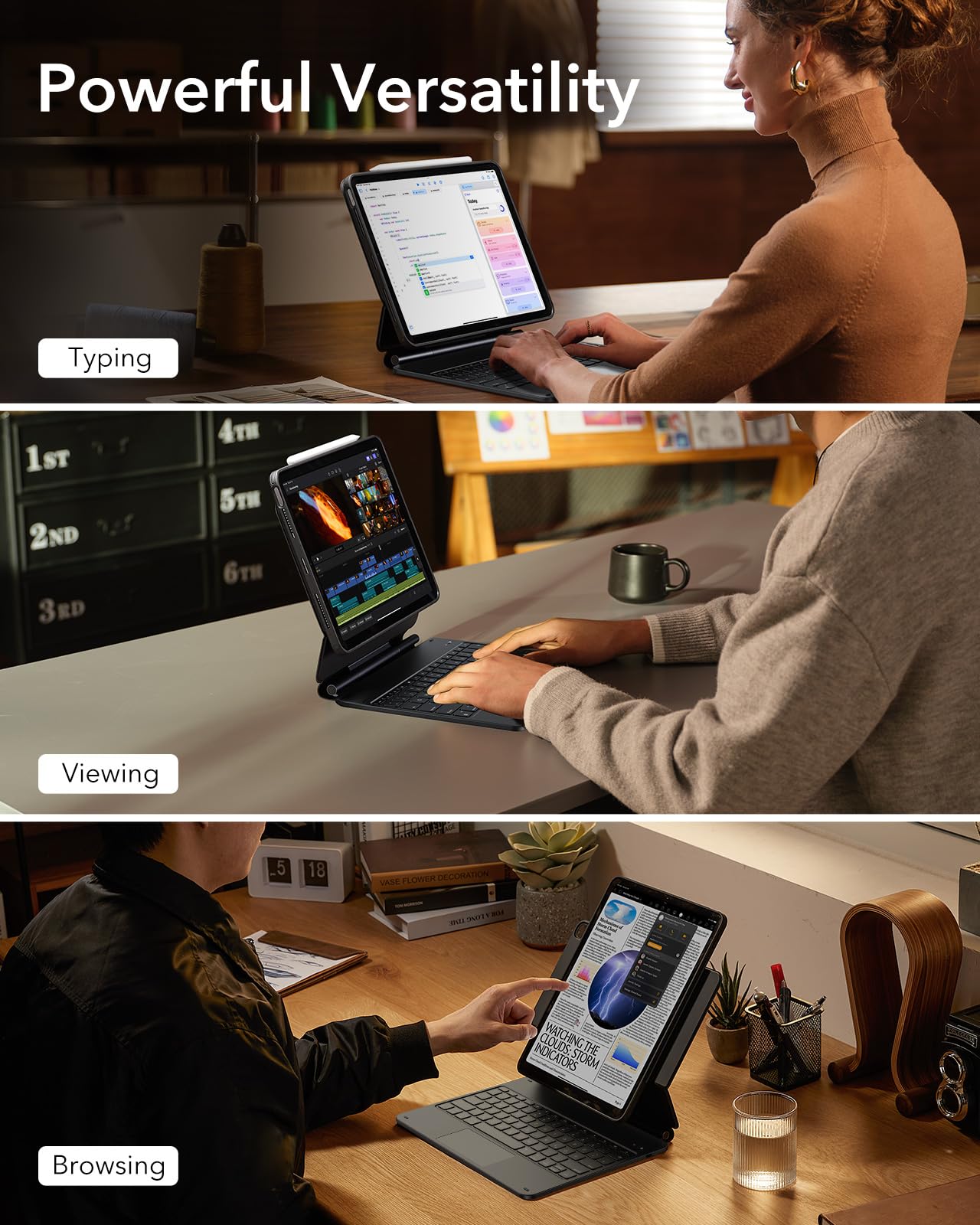 ESR 【Upgraded】 iPad Pro 13 Zoll (M5/M4, 2025/2024) Hülle mit Tastatur, Tastaturhülle mit Einzustellendem Magnetständer, Hoch-/Erhöhter Modus, Abnehmbare Schutzhülle, Rebound 360 Serie, Schwarz