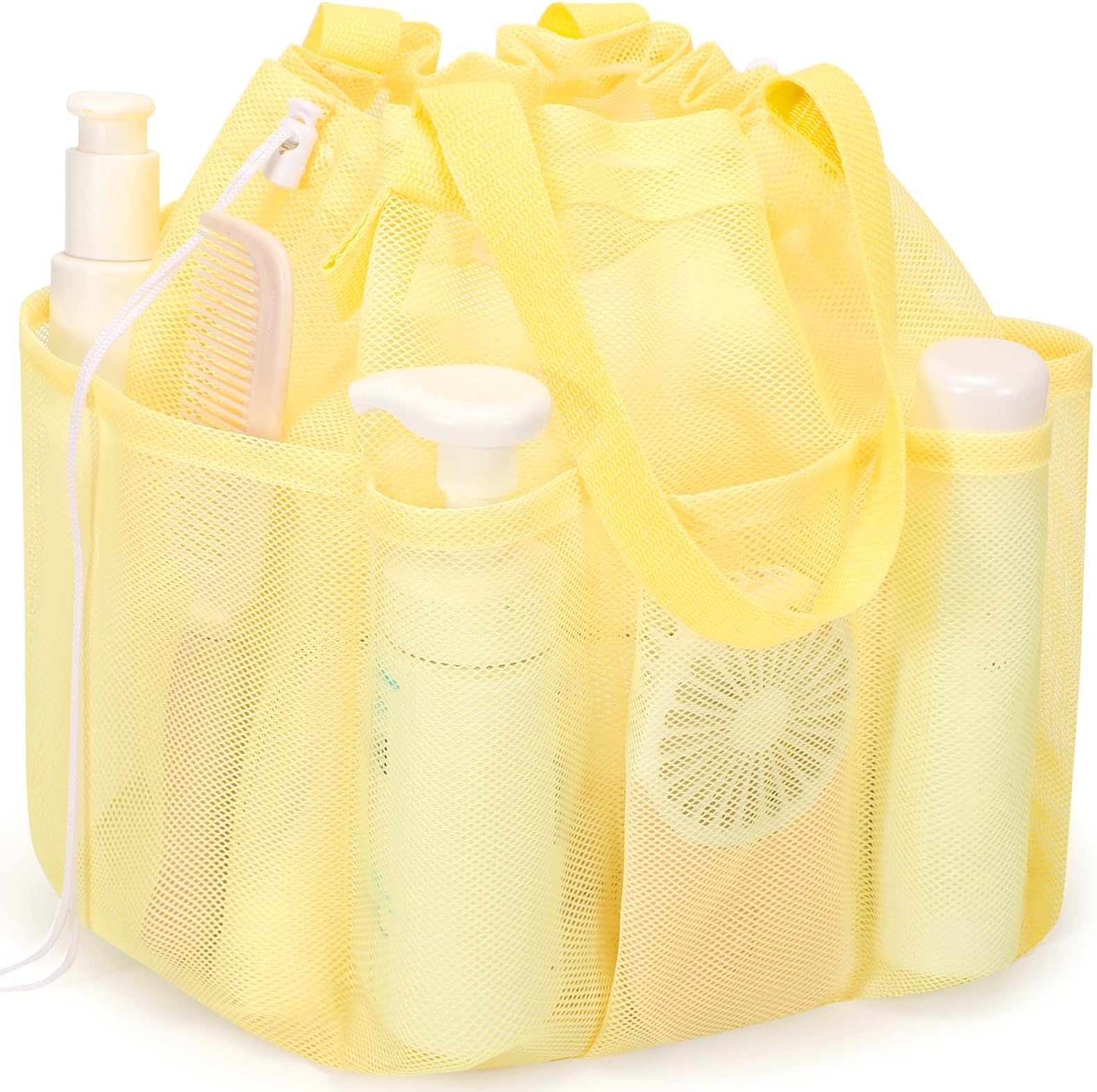 Mesh Shower Caddy Portable with Drawstring, Dorm Room Essentials for College Students Girls & Boys, Large Shower Bag for Camping,Swimming,Gym,Travel,Bathroom - Yellow