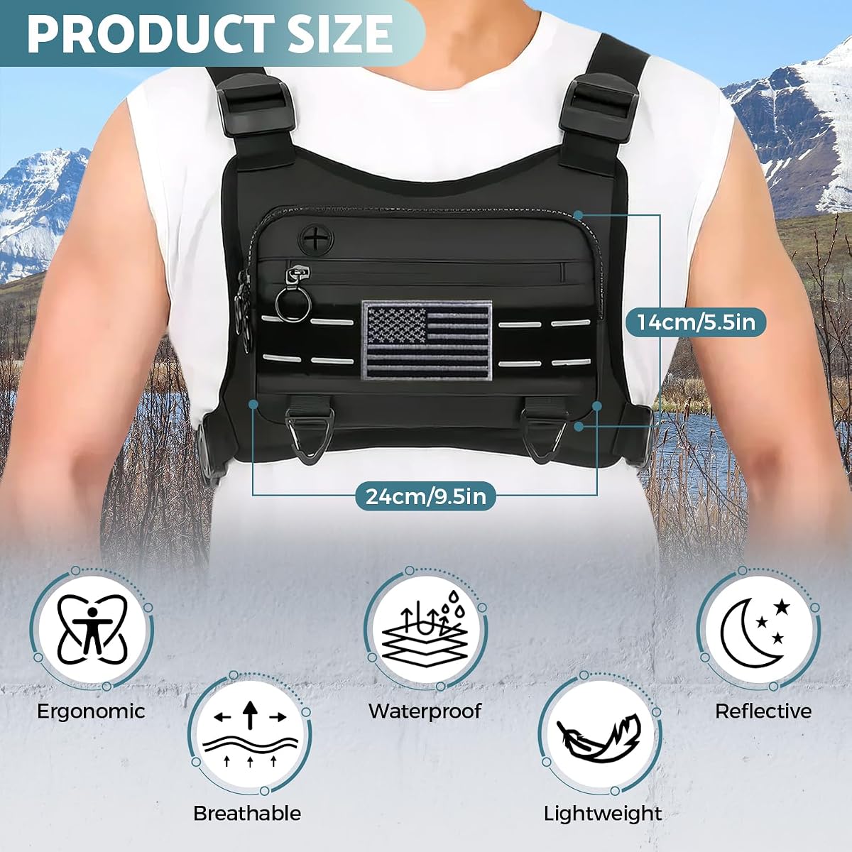 Muserise Sports Chest Bag For Men, Water Resistant Lightweight Front Running Vest Bag With Built-In Phone Holder & Extra Storage For Workouts, Cycling (Black) image 1