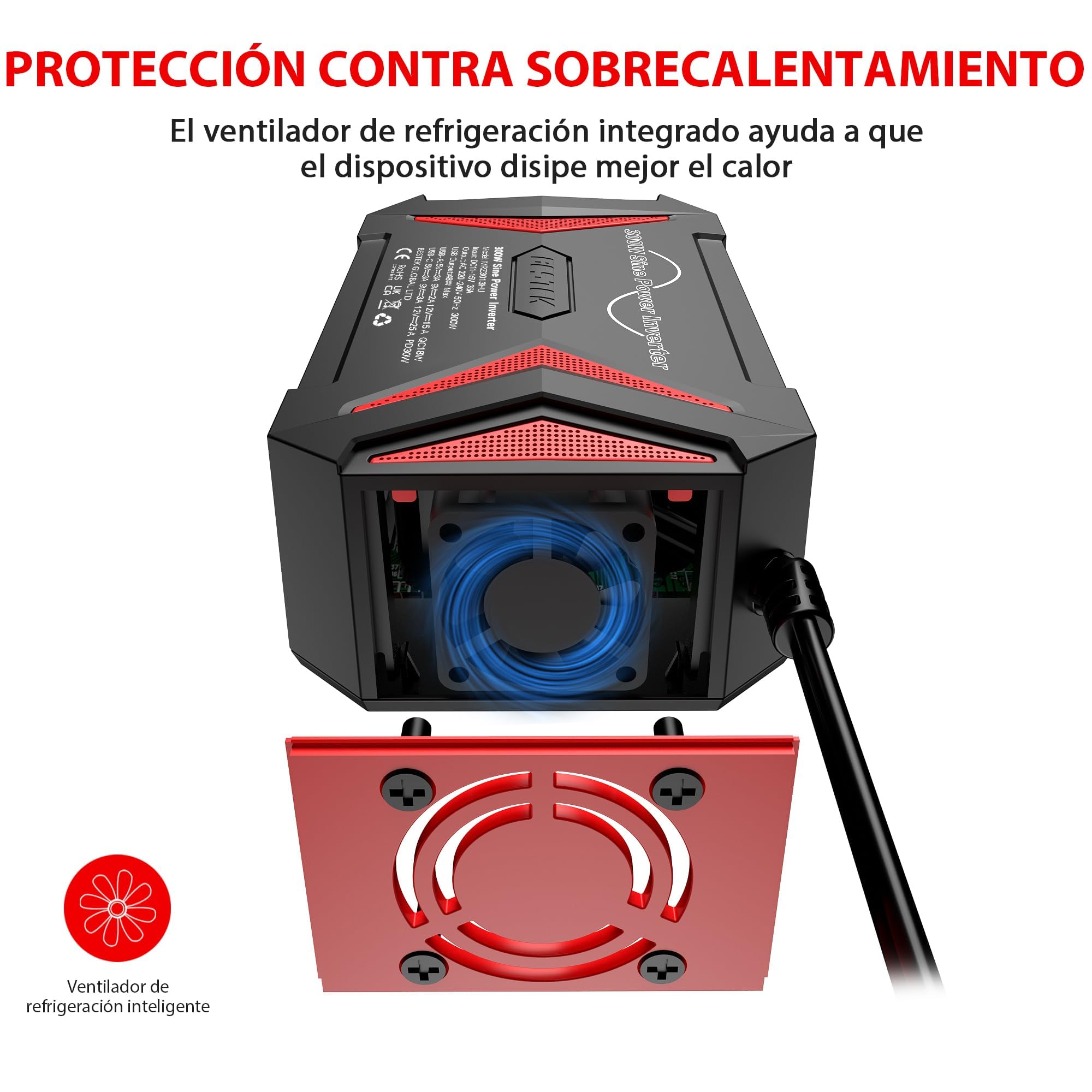 BESTEK Inversor 12v a 220v Onda Pura 300W Conversor para Coche Onda Sinusoidal Transformador con 2 Puerto de Carga Rápida（PD30W&QC18W）y 1 Toma de AC, Adaptador de Mechero Coche para Portátil, Movíl