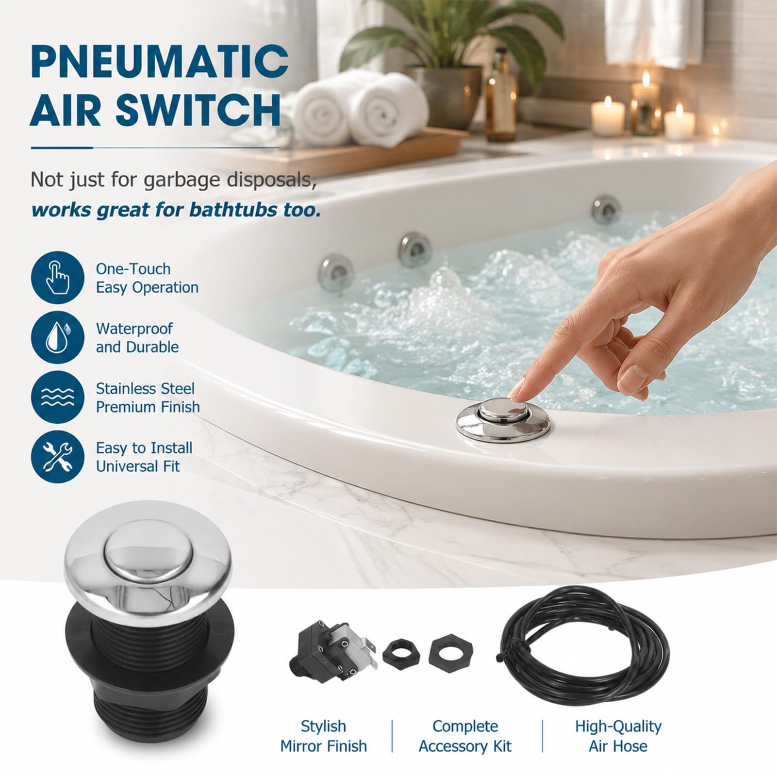 Bouton Poussoir Pneumatique en Acier Inoxydable 304 Bouton Poussoir D'air Bouton Poussoir en Acier Inoxydable pour Machine D'élimination des Déchets Baignoires Lave vaisselle