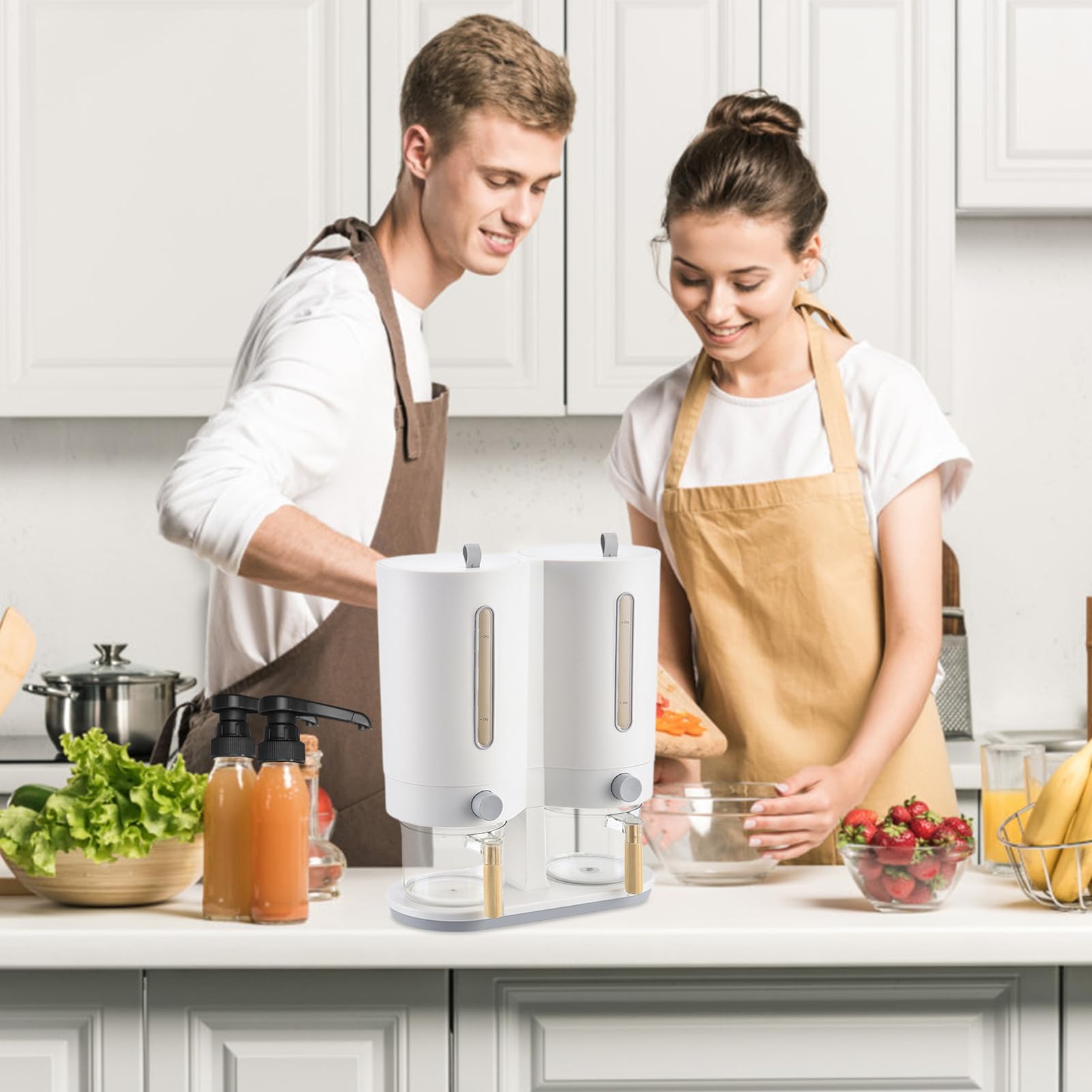 Dispensador de Granos Almacenamiento de Cereales Multigrano 5 kg con Tapa | Dispensador Arroz Doble Cubo Encimera Almacenamiento sellado de avena para cocina, encim