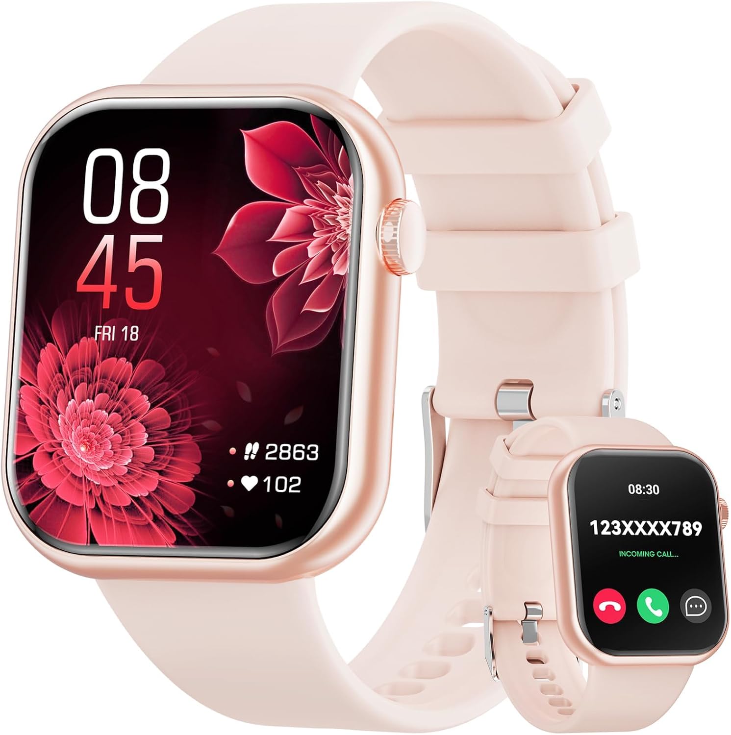 Hwagol Smart Watch G28 in pink, displaying time and fitness metrics on its large screen.