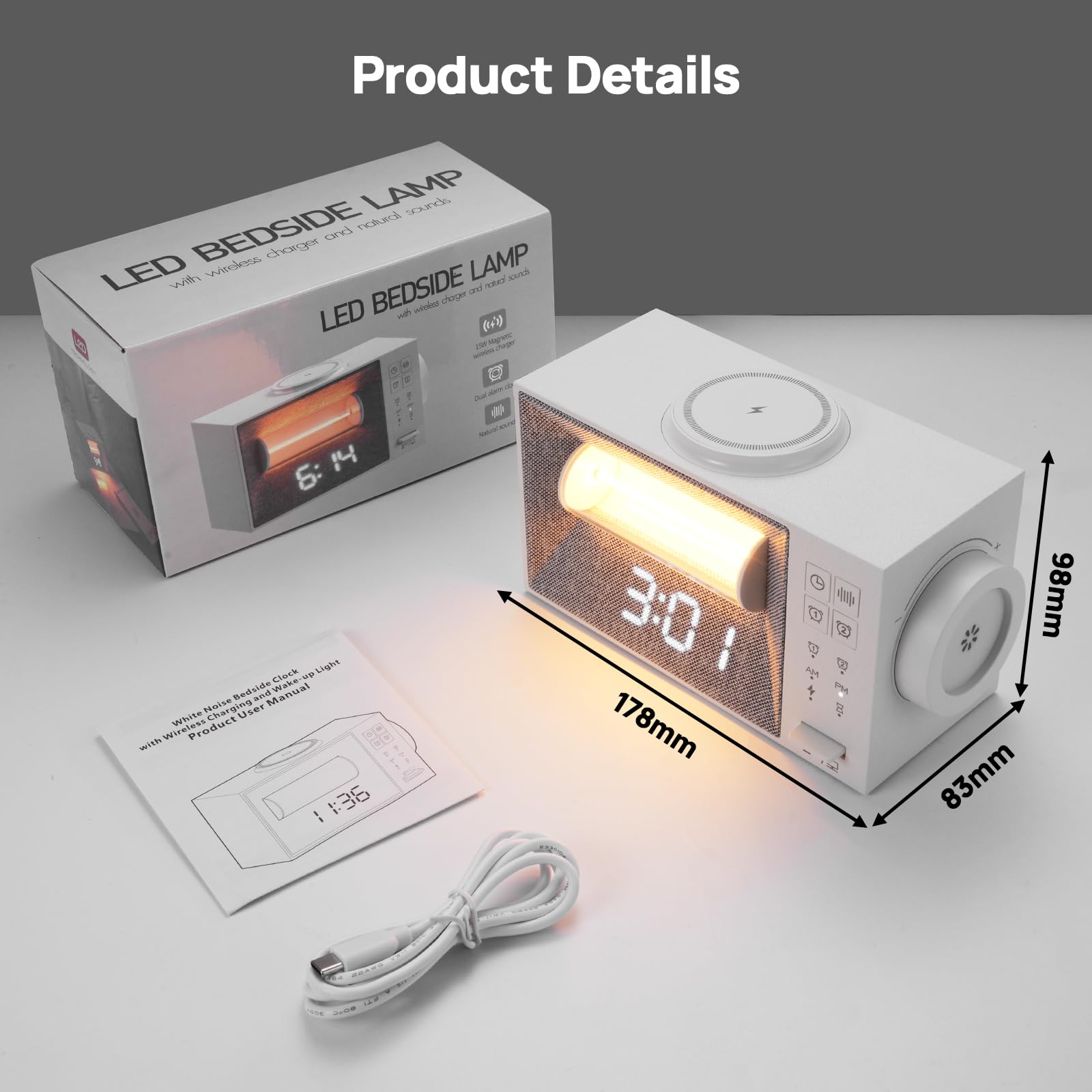 Despertador digital con estación de carga, cargador rápido inalámbrico de 15 W, despertador digital con 20 sonidos naturales, luz nocturna, lámpara de noche con luz diurna, despertador con función de