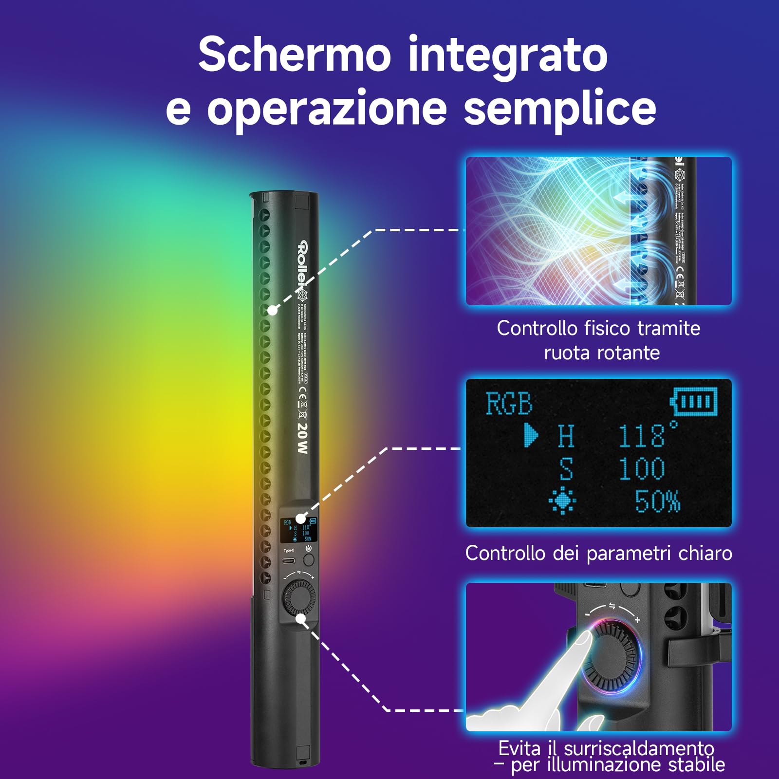 Spada Led Fotografia, Rollei Lumis Glow 20 W RGB Tubo Fotografico per Video 360° 1800~9000K e 20 Effetti, Lampada Foto per Lightpainting Portatile, Spada-Led-Fotografia-Tubo-Video