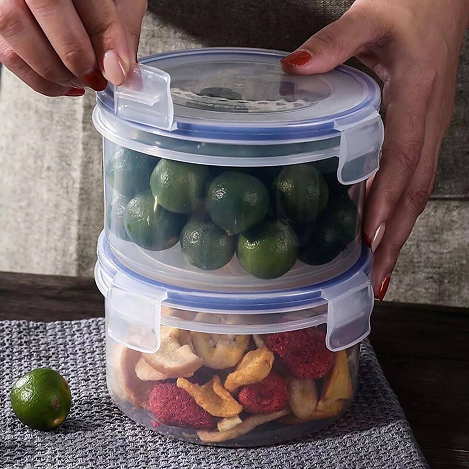 Luftdichte runde Frischhaltedosen, 6 Stück, 300 ml, Kunststoff, mit Deckel, für Snacks, Obst, Joghurt, auslaufsicher, stapelbar, ideal für Kühlschrank und Reisen