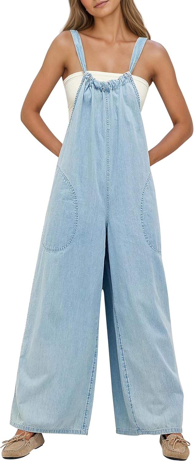 YUENIU Women's Slouchy Denim Overalls Wide Leg Jumpsuit Casual Adjustable Tie Back Backless Jean Rompers with Pockets