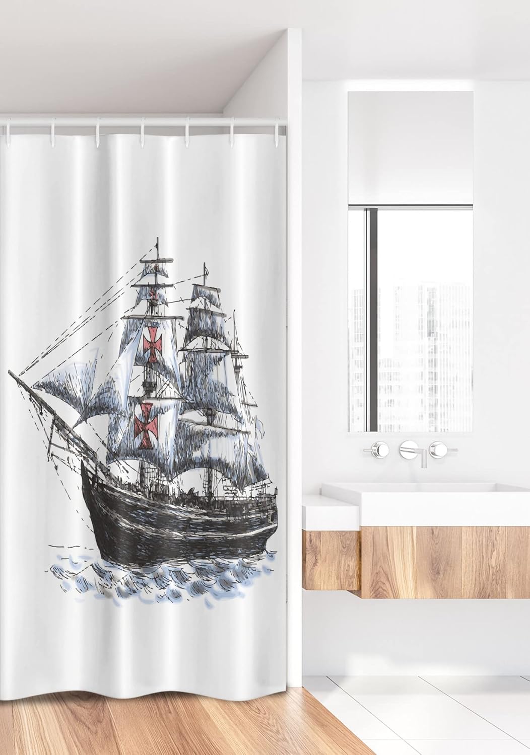 Ambesonne Vintage Stall Shower Curtain, Old Aged Columbus Ship Sailing in The Imaginary Atlantic Ocean Voyage Journey, Fabric Bathroom Decor Set with Hooks, 36" W x 72" L, White Soft Blue Dark Grey