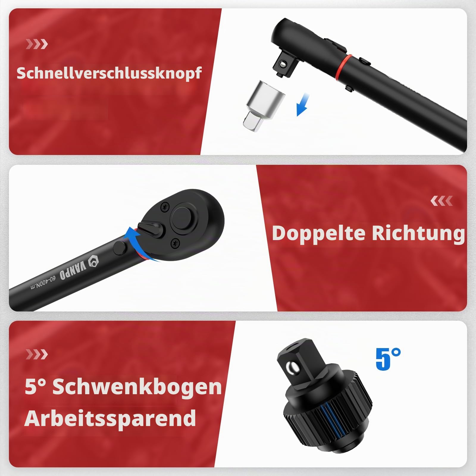 VANPO Drehmomentschlüssel 1/2 Zoll, 60–400 Nm für LKW, SUV, Auto, 72 Zähnen | ±3% Genauigkeit, 55.6cm Hebelarm, Ergonomischer Griff,Präziser Klick, inkl.1/2" auf 3/8" Adapter, 125 mm Verlängerungsstange