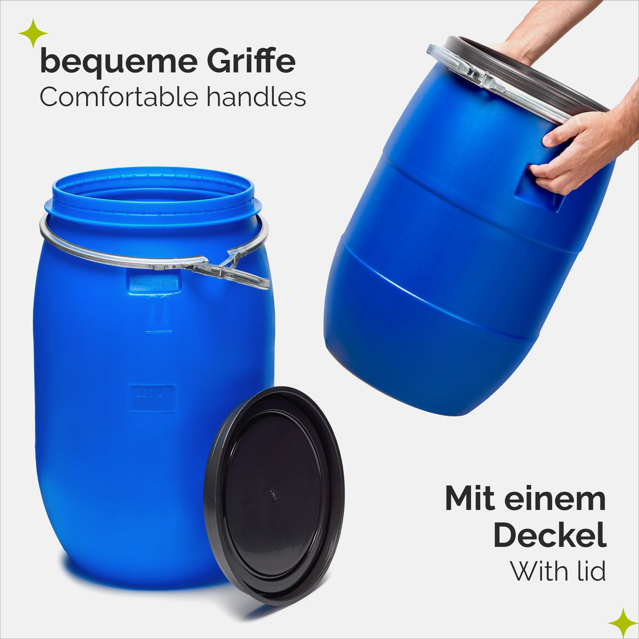 Garronda Set 2X 120 Liter Deckelfass Weithalsfass aus HDPE Regenfass für Garten Fass Regenwassertonne Futtertonne Universalfass Wasserfass Regentonne Lebensmittelfass Wassertank GD-0123, Blau