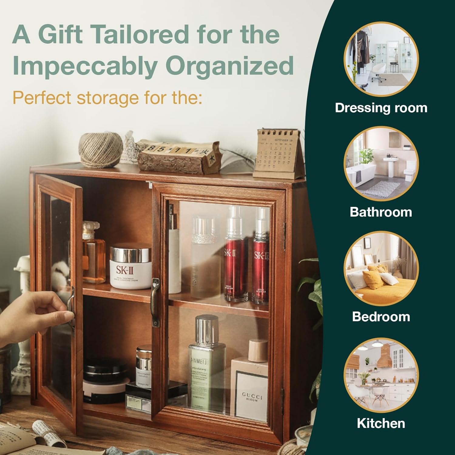 Cosmetics Display Cabinet with Clear Doors - 2-Level Wooden Tabletop Shelf Storage for Makeup, Perfumes, Skincare - Mahogany Wood Vanity Shelf Display Case - Mini Kitchen Cupboard