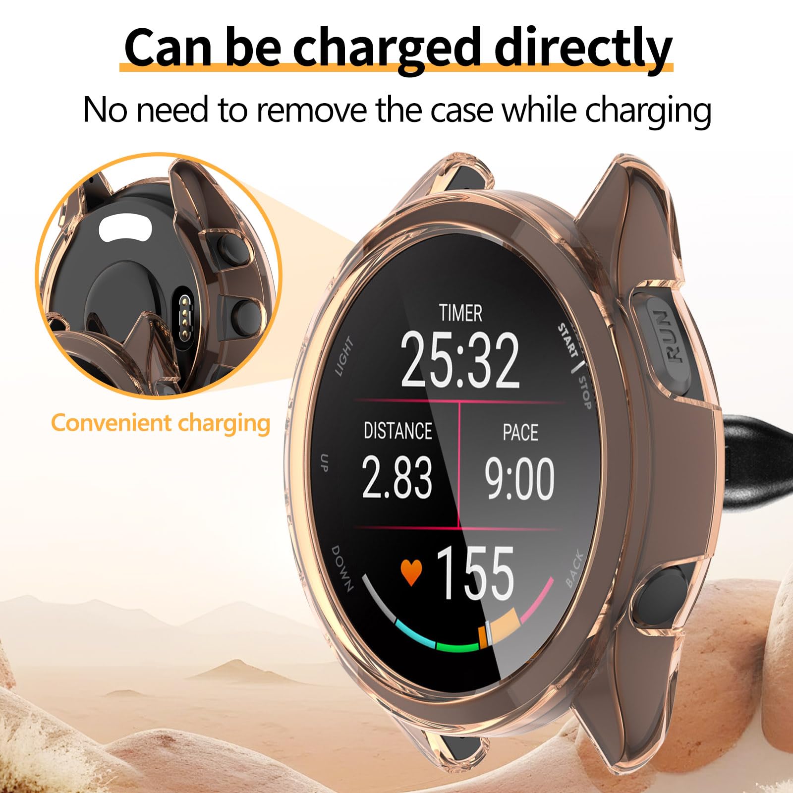 Lot de 2 + 2 coques de protection d'écran compatibles avec Garmin Forerunner 165/165 Music, accessoires de protection en TPU souple avec film en verre trempé