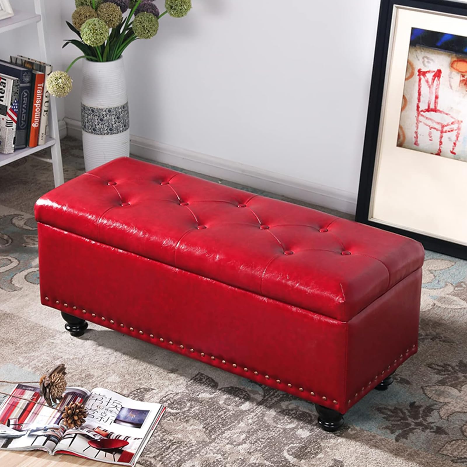 Puf Arcón Contenedor con Revestimiento De Piel Sintética, Reposapiés para Dormitorio, Banco, Taburete De Salón O Sofá con Estructura Y Patas De Madera,Rojo,80 * 40 * 45cm