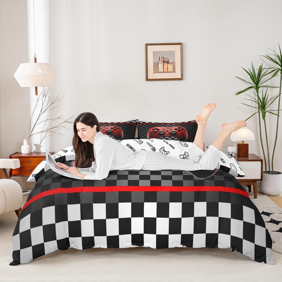 Boys Gamers Gamepad Duvet Cover,Video Gamers Bedding Set for Kids Teens Girls Room Decor,Red Black White Grid Patchwork Comforter Cover Racing Gaming Reversible Quilt Cover Twin Size,1 Pillowcase