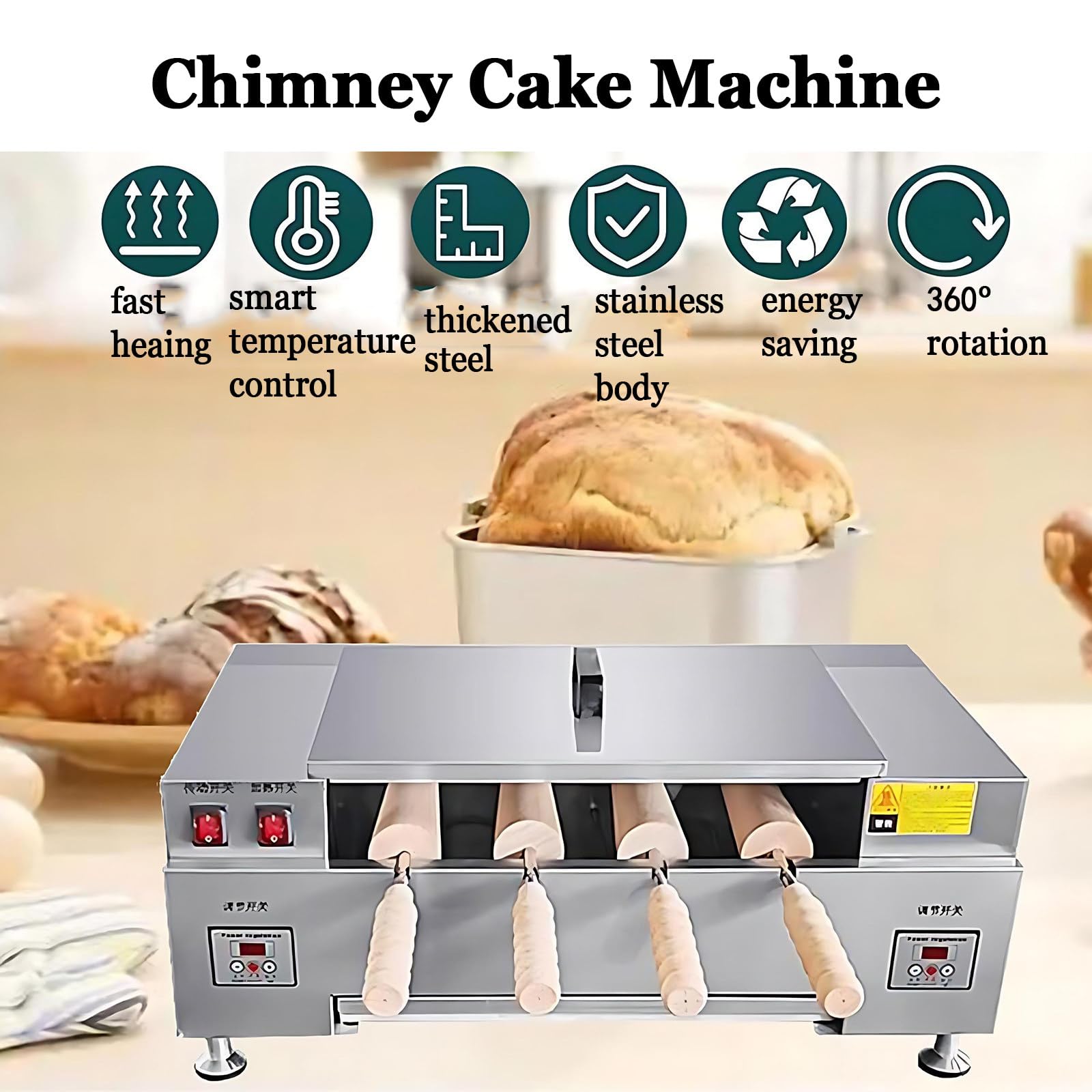 Forno a Camino per Torte, Macchina elettrica per Kurtos Kalacs, tostapane a Camino da 3000 W per Toast, Coni Gelato, Preparazione di Waffle (Knob)