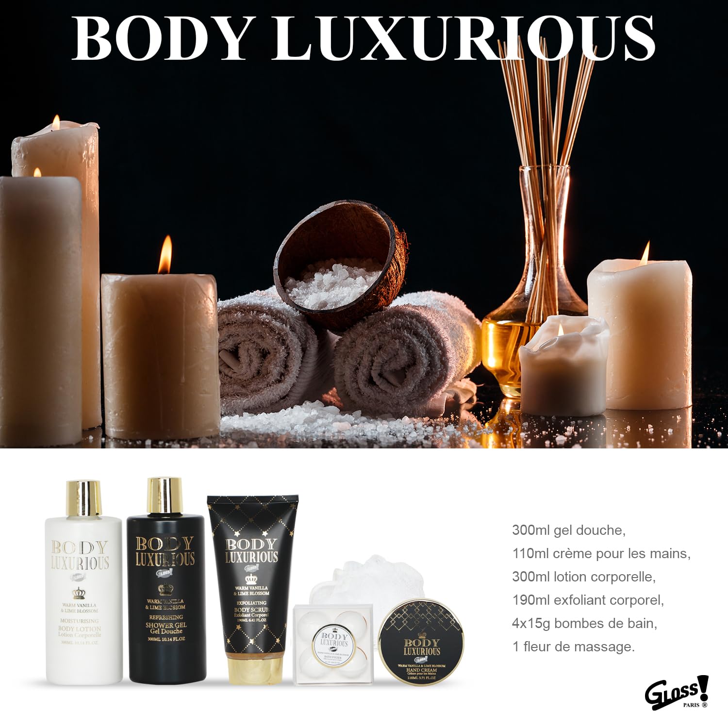 Coffret Cadeau pour Femme | Produits de Bain Vanille & Tilleul| Idée de Cadeau Original pour Femmes | Idéal Anniversaire Maman | Panier de Beauté, Soin et Bien-être | Body Luxurious Black by Gloss!