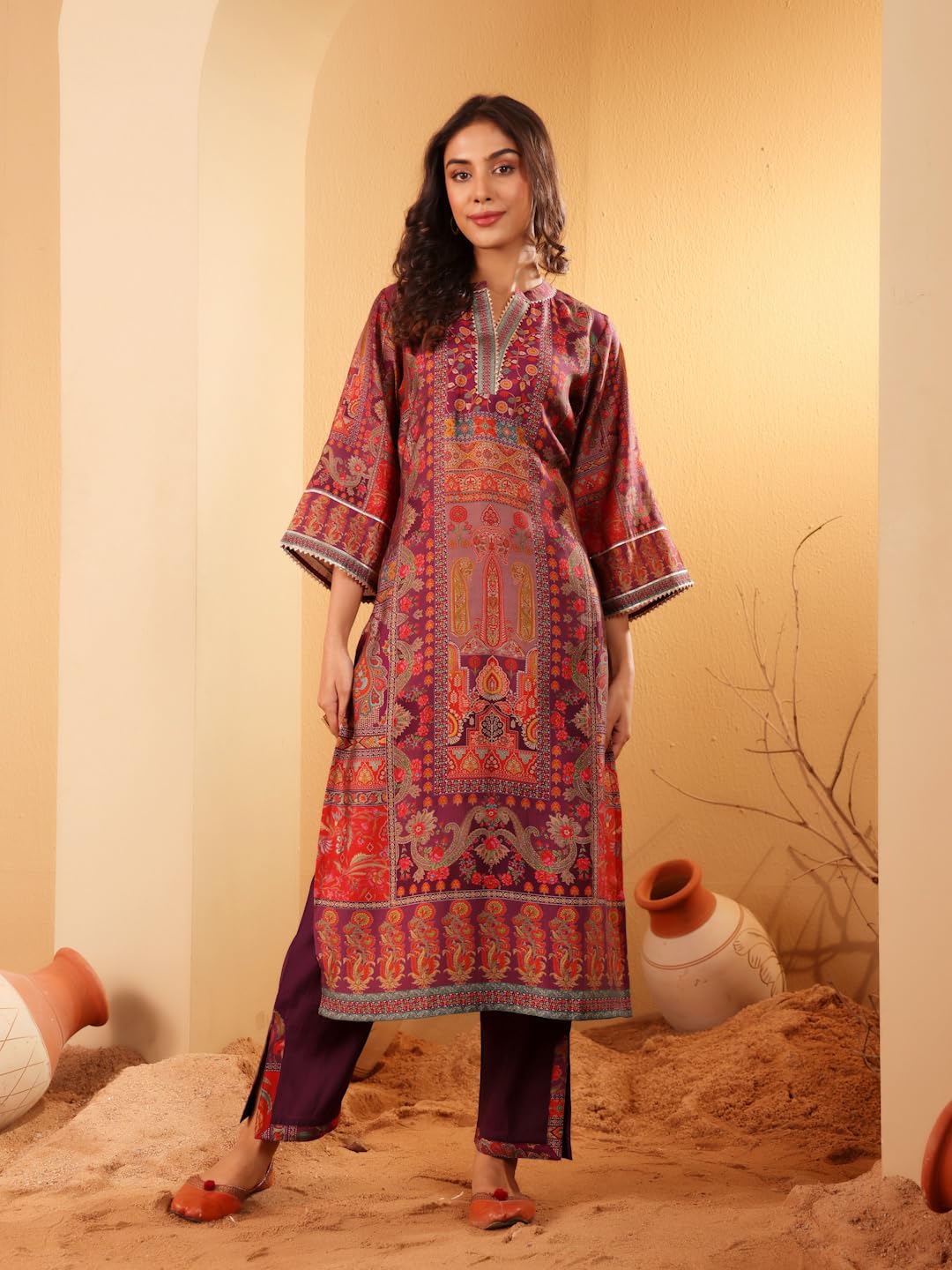 Varanga Women Pink Floral Printed Gota Embellished Flared Sleeve Kurta With Solid Trouser & Dupatta  Elegant Ethnic Set
