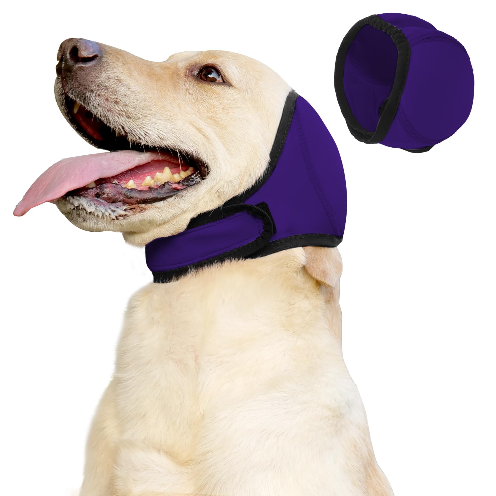 JOHNBOLIN Dog Ear Muffs &amp; No Shake Ear Wrap for Hematoma, Bathing, Drying &amp; Noise Anxiety Relief - Elastic Waterproof Ear Protector with Calming Hoodie Design for Grooming (Purple, M)