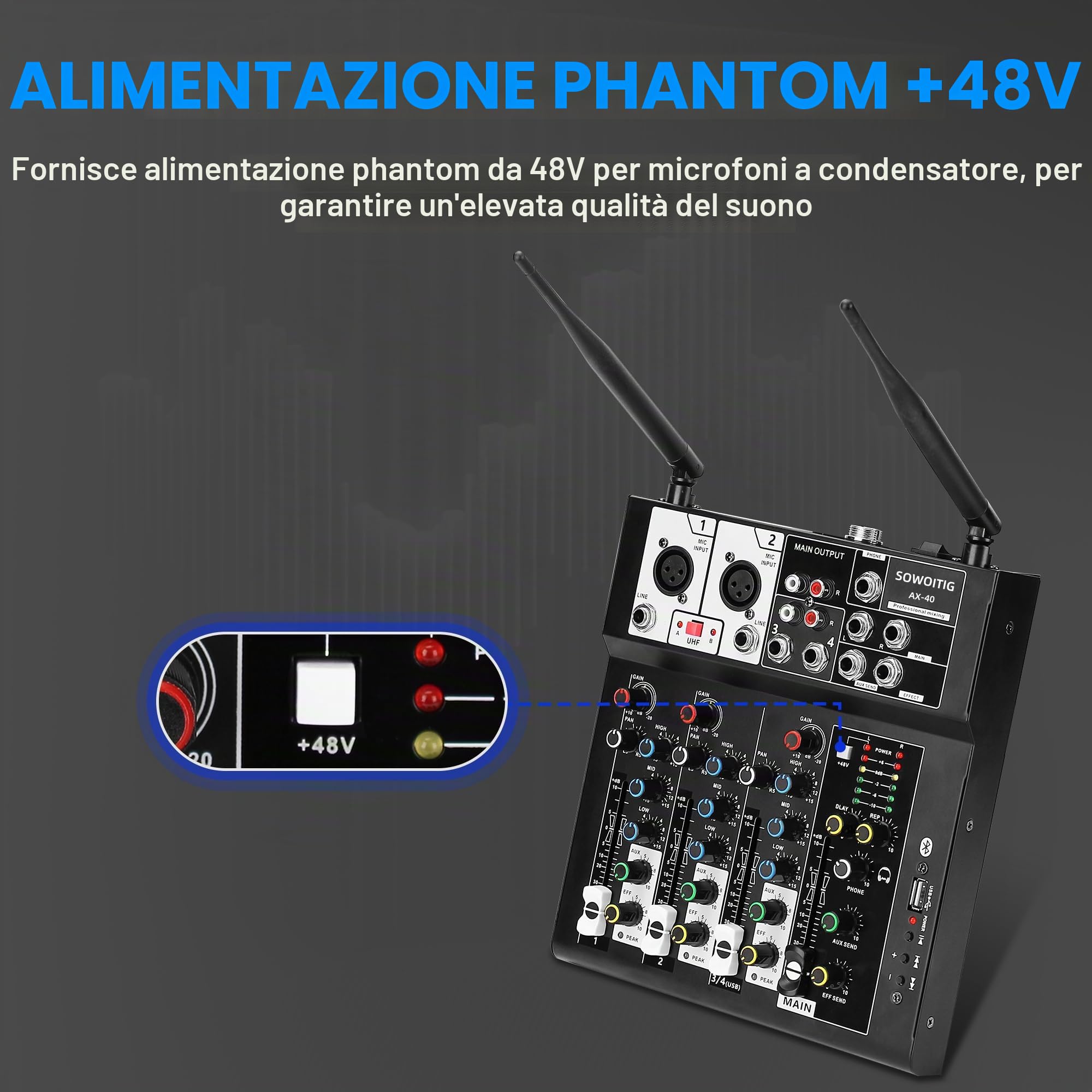 Karaoke mixer con 2 microfoni wireless, audio a 4 canali, console DJ, microfono senza fili, Bluetooth, porta USB, alimentazione phantom 48 V per registrazione studio