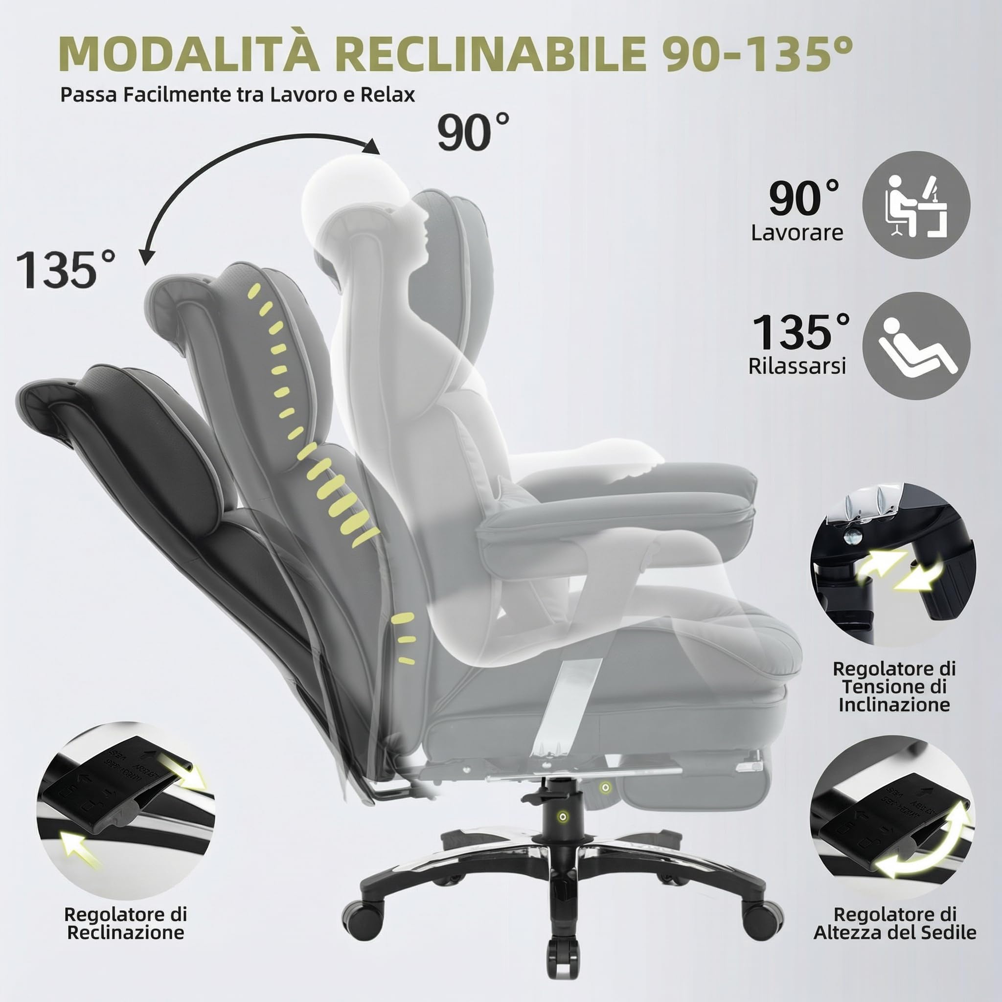 Efomao Sedia ufficio in pelle PU con ricamo X, grande e alta, schienale alto regolabile, sedia da gioco computer, girevole executive 200 kg, poggiapiedi e supporto lombare