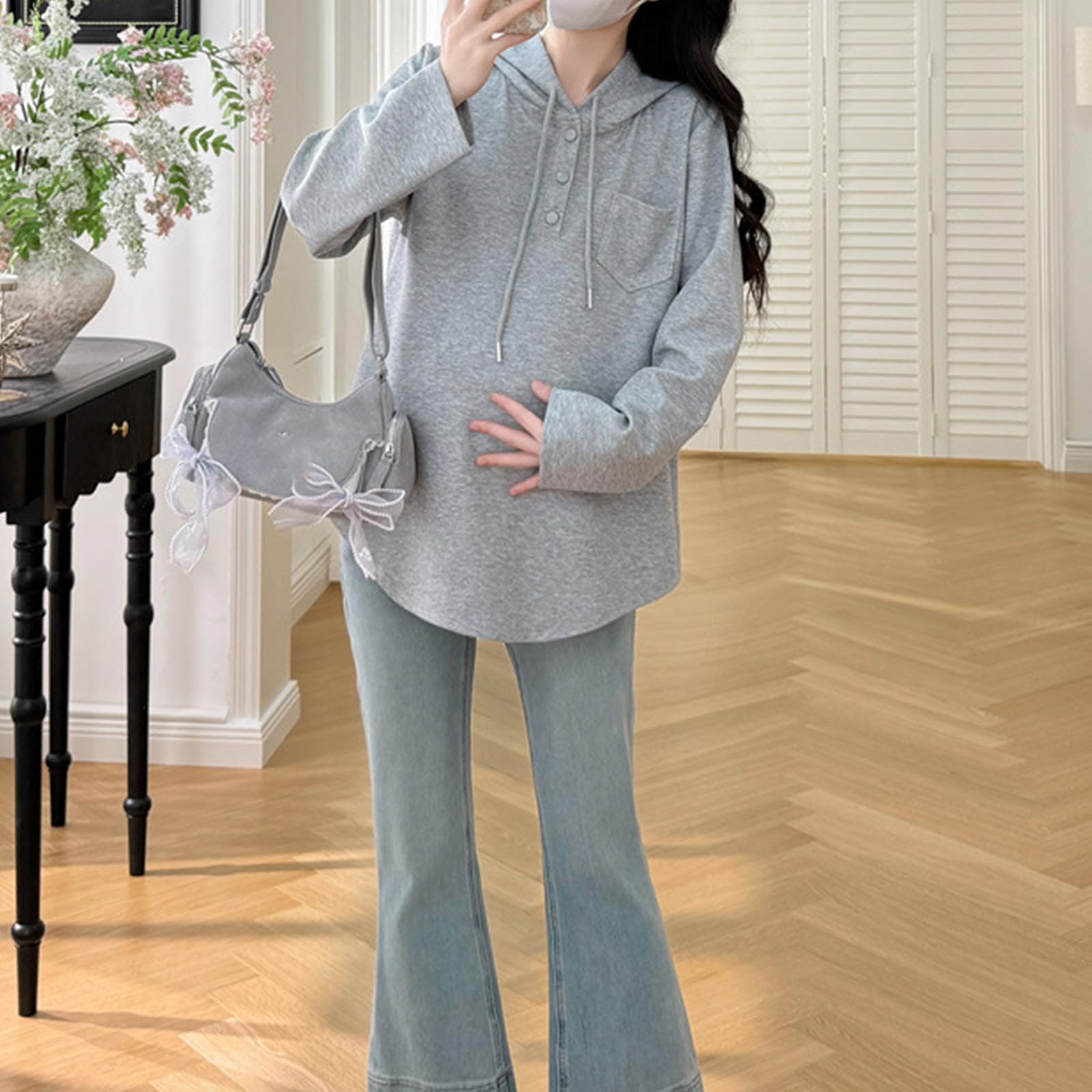 Camisa de maternidad informal con capucha para primavera con diseño resistente al viento, transpirable, mezcla de algodón y poliéster, sudadera cómoda con capucha para embarazo