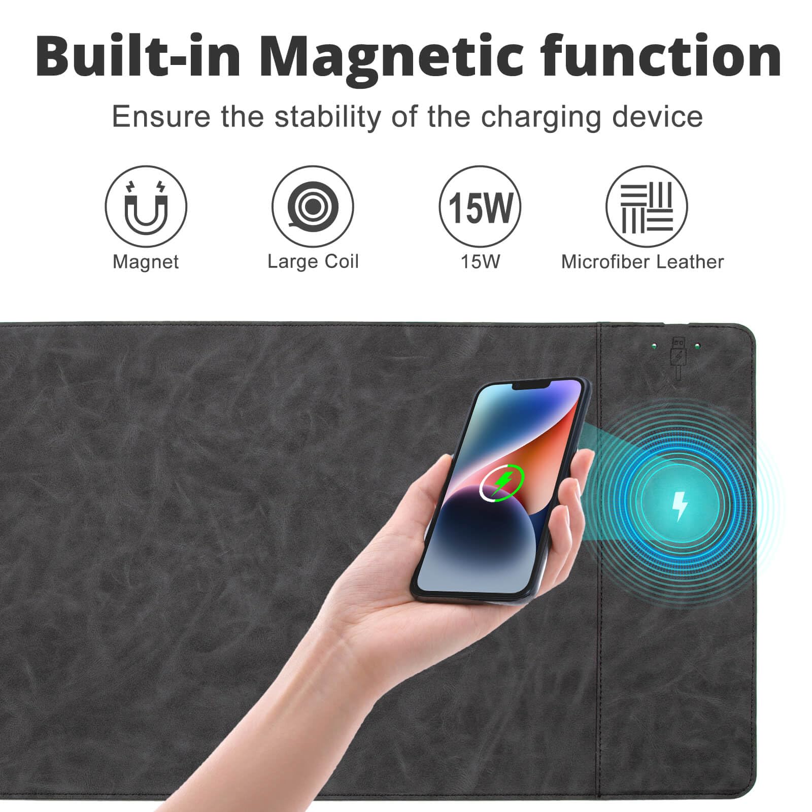 Tappetino magnetico per scrivania con ricarica wireless, tappetino da scrivania per ufficio con caricabatterie wireless, tappetino per mouse grande impermeabile e resistente ai graffi,