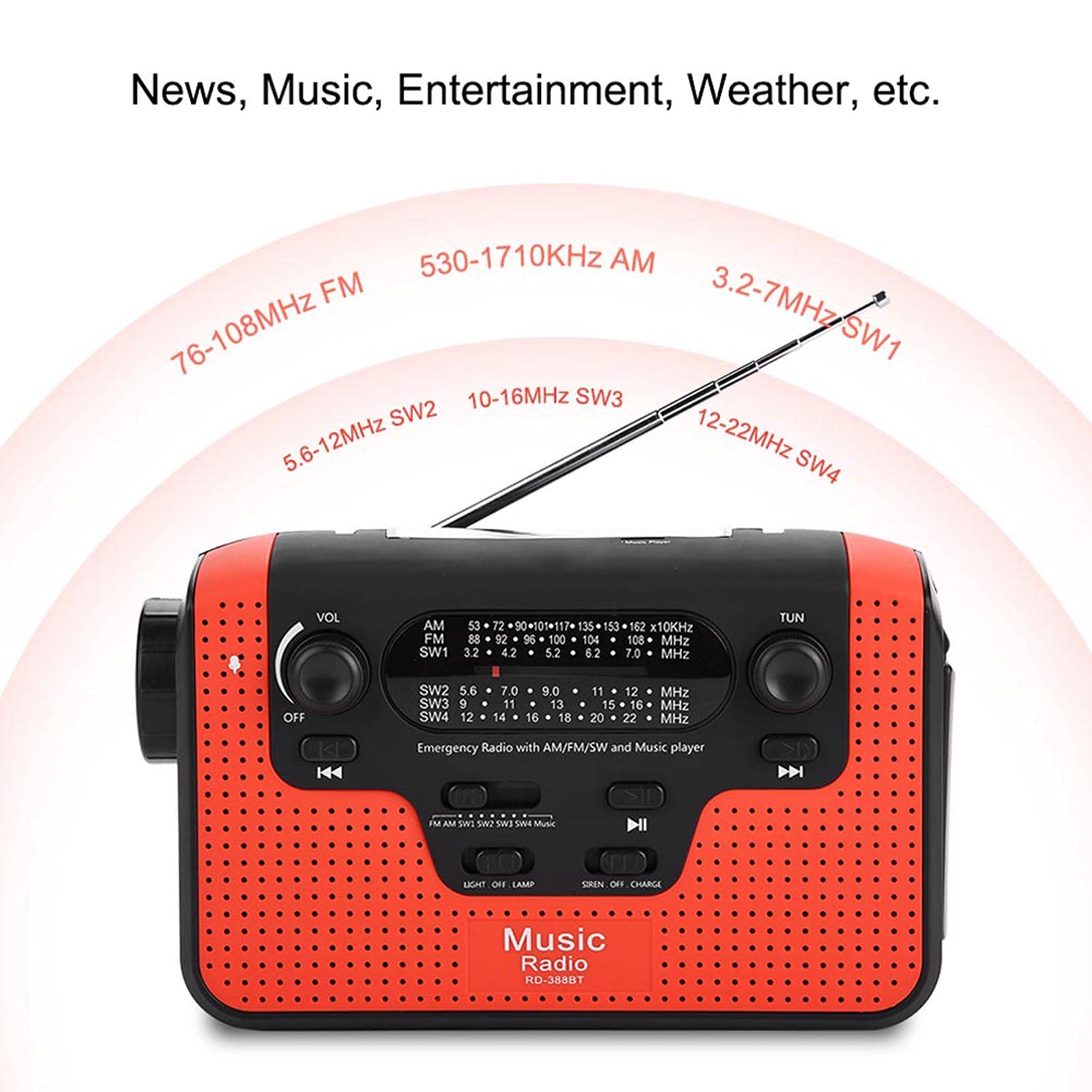 Radio à Manivelle Solaire D'urgence, Radio à Manivelle Solaire RD-388 FM/AM/SW, avec Lampe de Poche LED, Chargeur de Téléphone/appel Mains Libres, pour Extérieur/lecteur de Musique/camping(rouge)