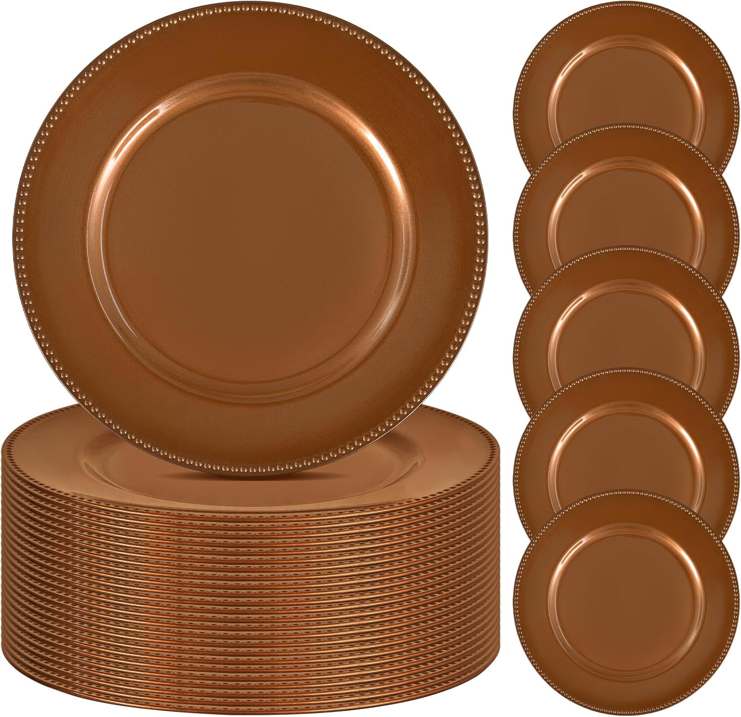 24 Pcs Brown Charger Plates Bulk, 13" Round Beaded Plate for Dinner, Decorative Plastic Table Chargers for Wedding, Holiday Party, Baby Shower, Event Decoration (Brown)