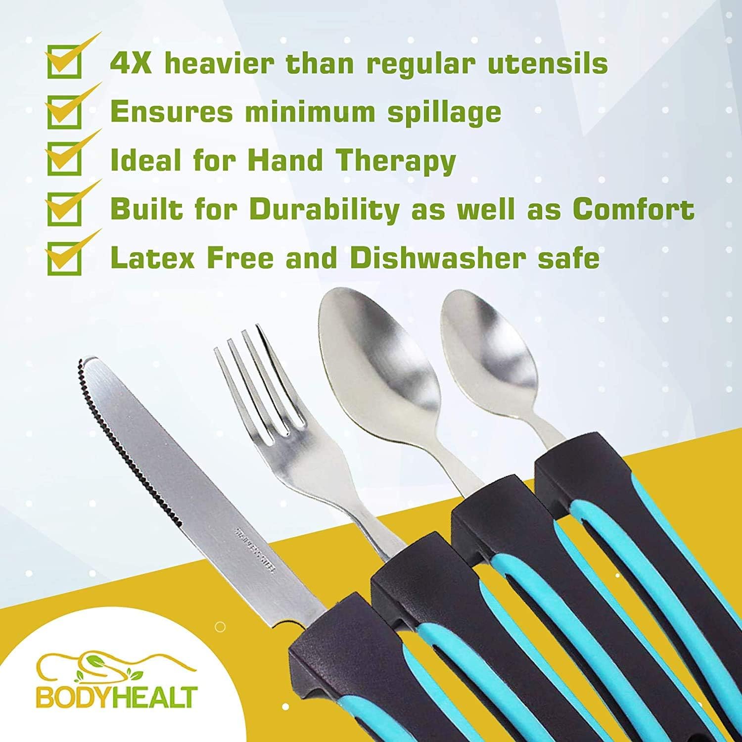 BodyHealt Easy Grip Adaptive Utensils - 4pcs Weighted Flatware for Elderly, Disabled & Handicapped. Weighted Utensils with Non-Slip Handles for Arthritis, Parkinsons Aids & Stroke Recovery Equipment.
