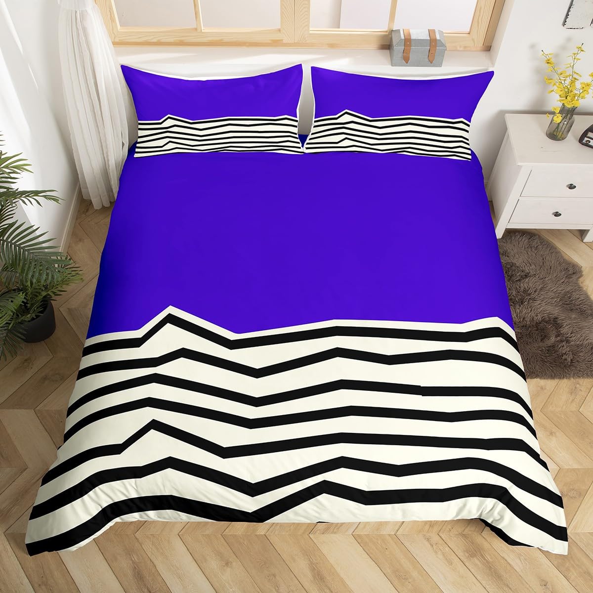 Homewish Abstract Wavy Stripe Double Size Duvet Cover Set - Royal Purple White Geometric Bedding Set with Zipper Closure - Modern Wavy Striped Microfiber Quilt Cover Mid-Century Art Bed Sets