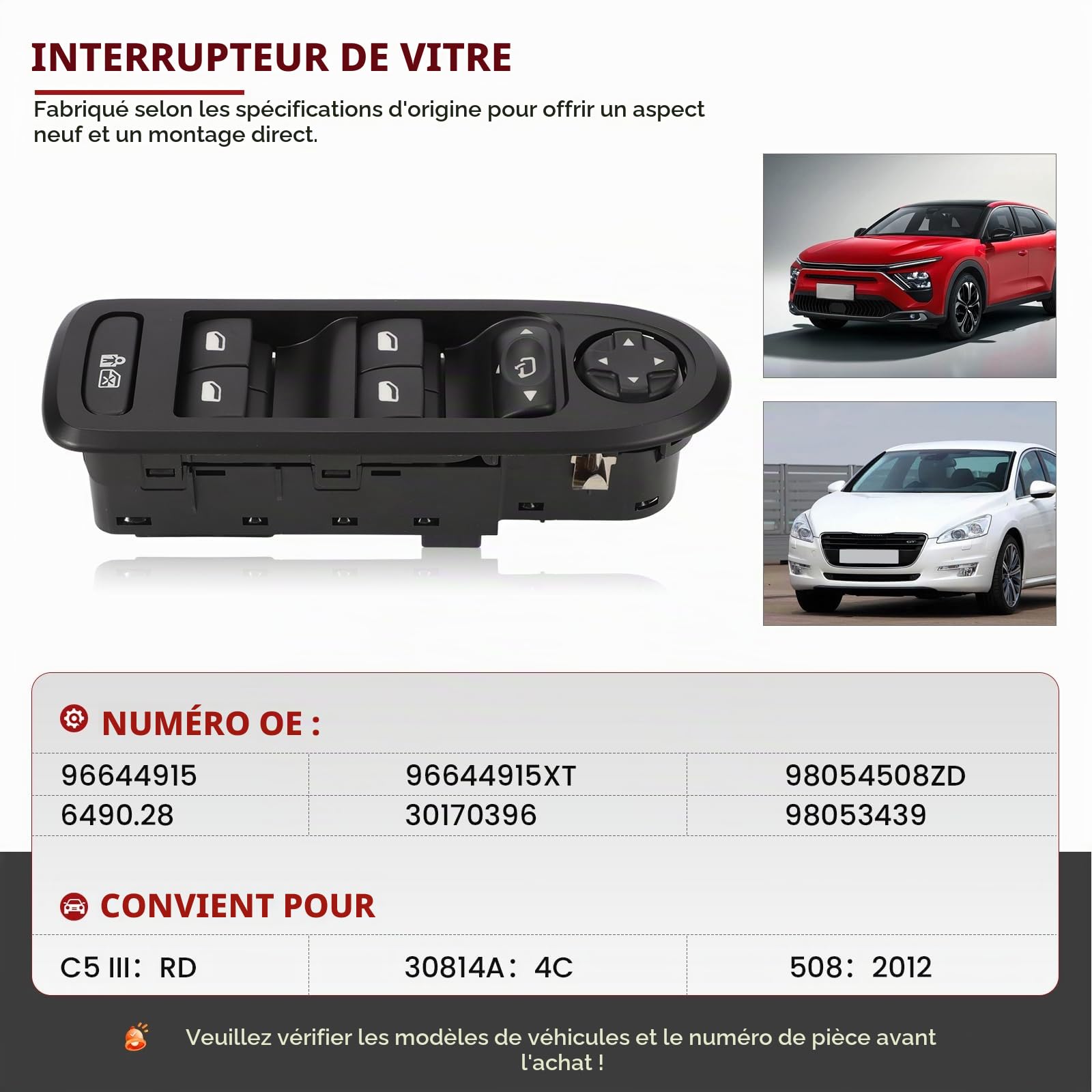 32 Broches Interrupteur de Lève Vitre pour 308 508 C5, 96644917XT Fonction Rétroviseur Rabattable Électrique Confortable Bouton Vitre de Fenêtre 96631328XT 96660257XT 96644915