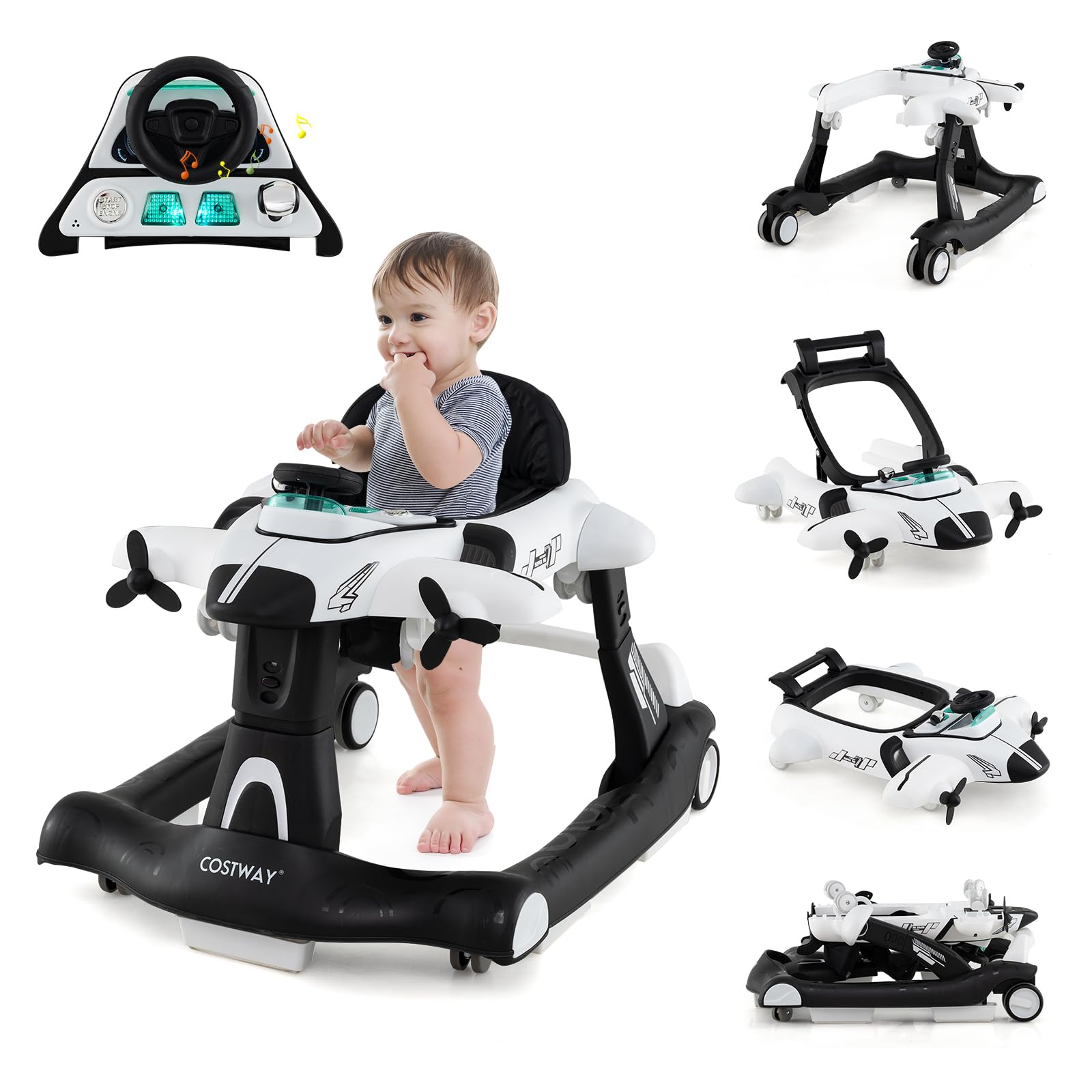 COSTWAY 6 in 1 Lauflernhilfe, Lauflernwagen klappbar mit verstellbarer Höhe & Geschwindigkeit, Baby Walker Flugzeugmotiv mit abnehmbarer Spieluhr & Esstablett, Gehfrei Baby ab 6 Monaten (Weiß)