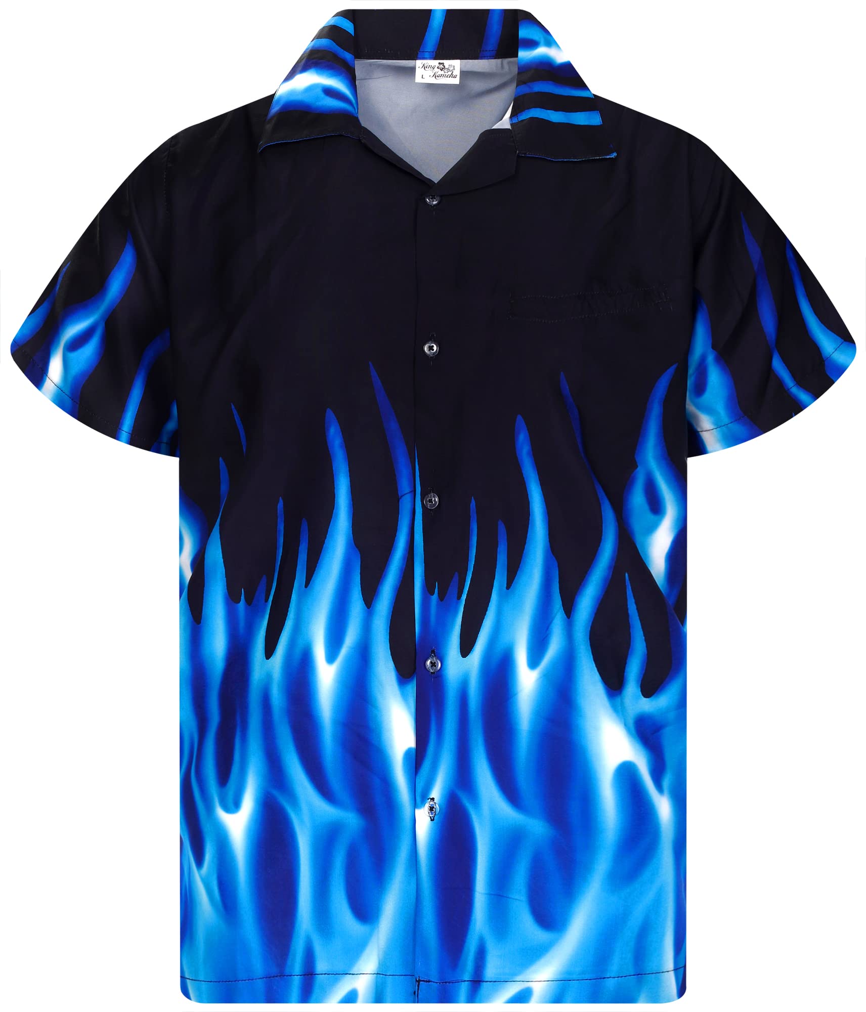 King Kameha Men's Flames-Design-Blue Funky Hawaiian Shirt, Shortsleeve, Flames, Blue, 3XL