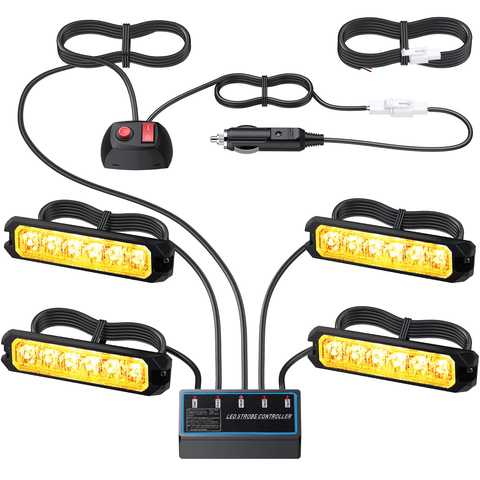 Kit 4x luces estroboscópicas 6LED 12V/24V, Luces de Emergencia Homologada E57, luces de emergencia, señalización ámbar IP65 para camiones,8 Modo de Flash, furgonetas y vehículos de trabajo