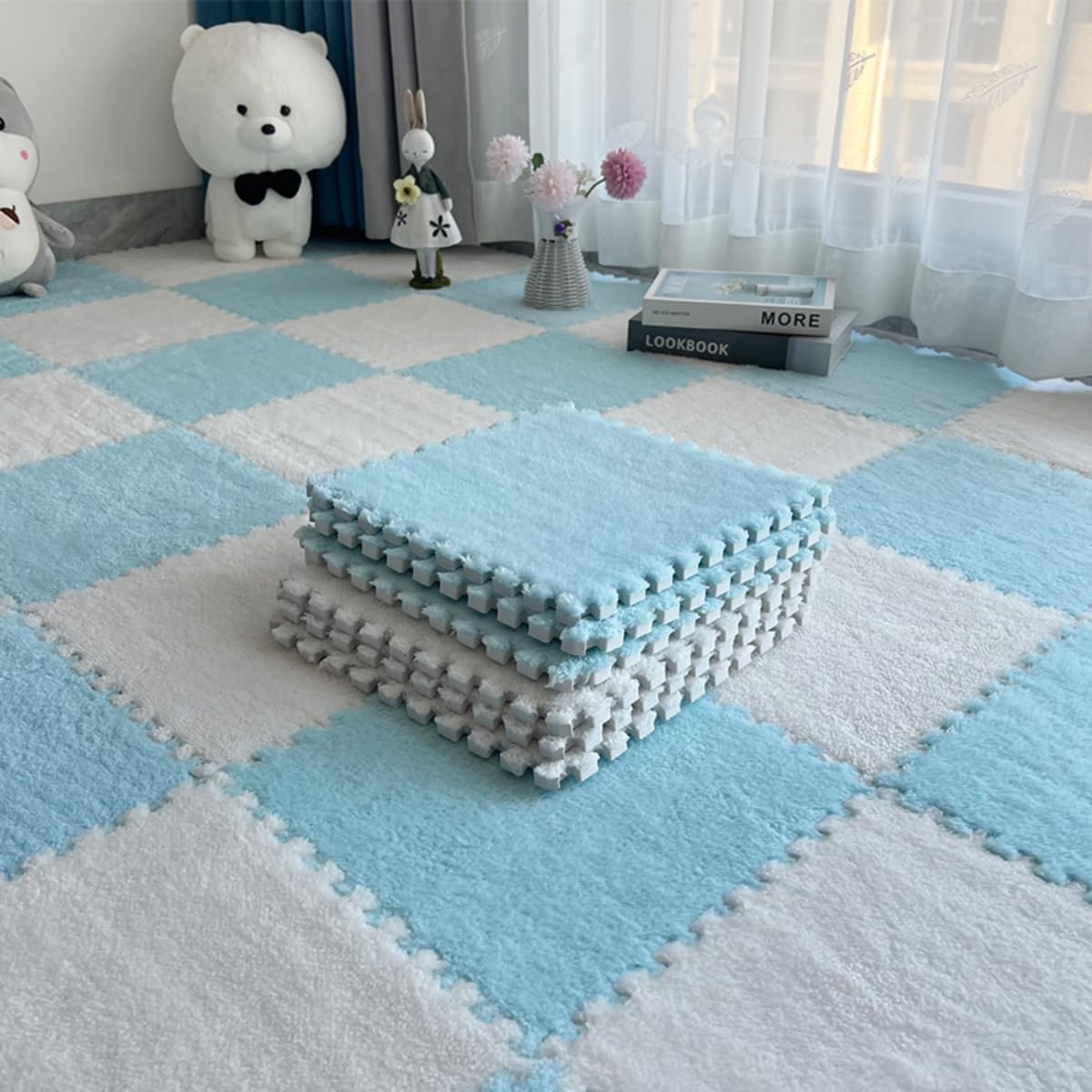 10Pcs 30x30x1cm Plush Foam Puzzle Area Rug, Soft Interlocking Carpet Mats for Bedroom Nursery Playroom Gym Yoga,Cuttable Floor Mat (Blue White)