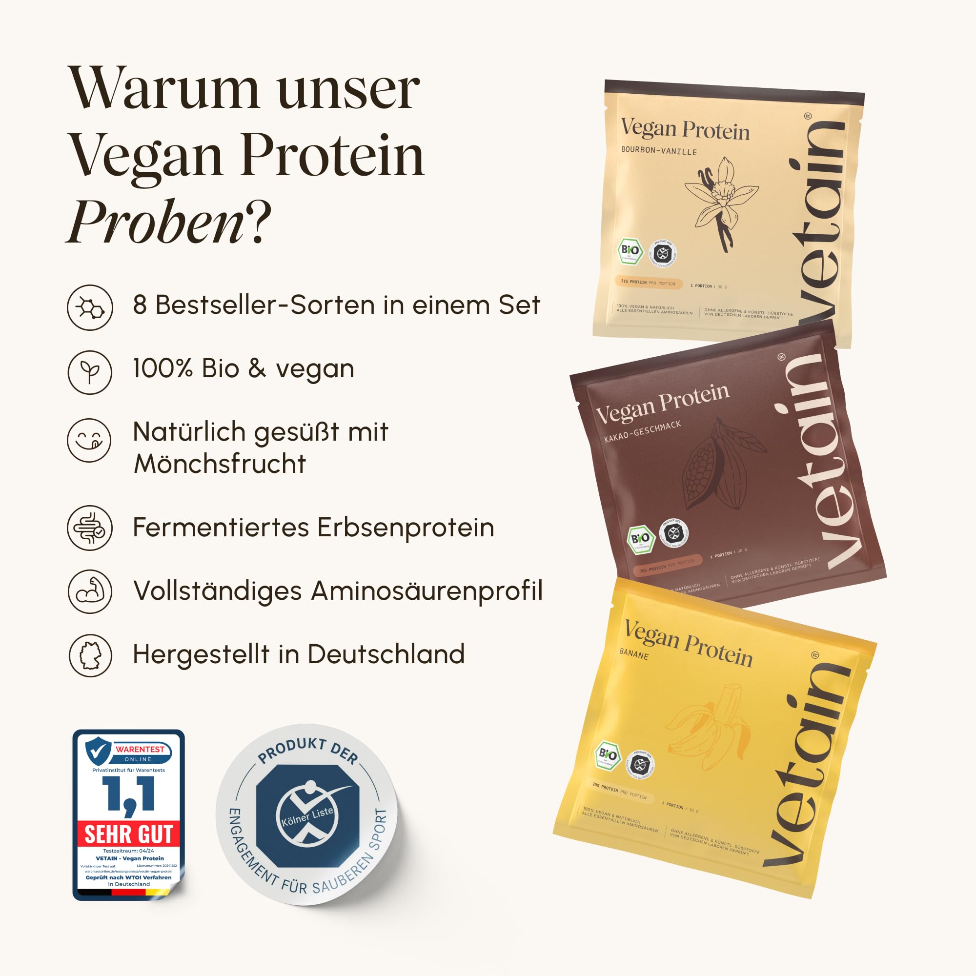 VETAIN Protein Pulver Probierpaket - 23g Eiweiß - 8 x 30g - 4 Proteinquellen fermentiert Erbsen - Bio veganes Proteinpulver - Ohne künstliche Süßungsmittel - NEUE REZEPTUR