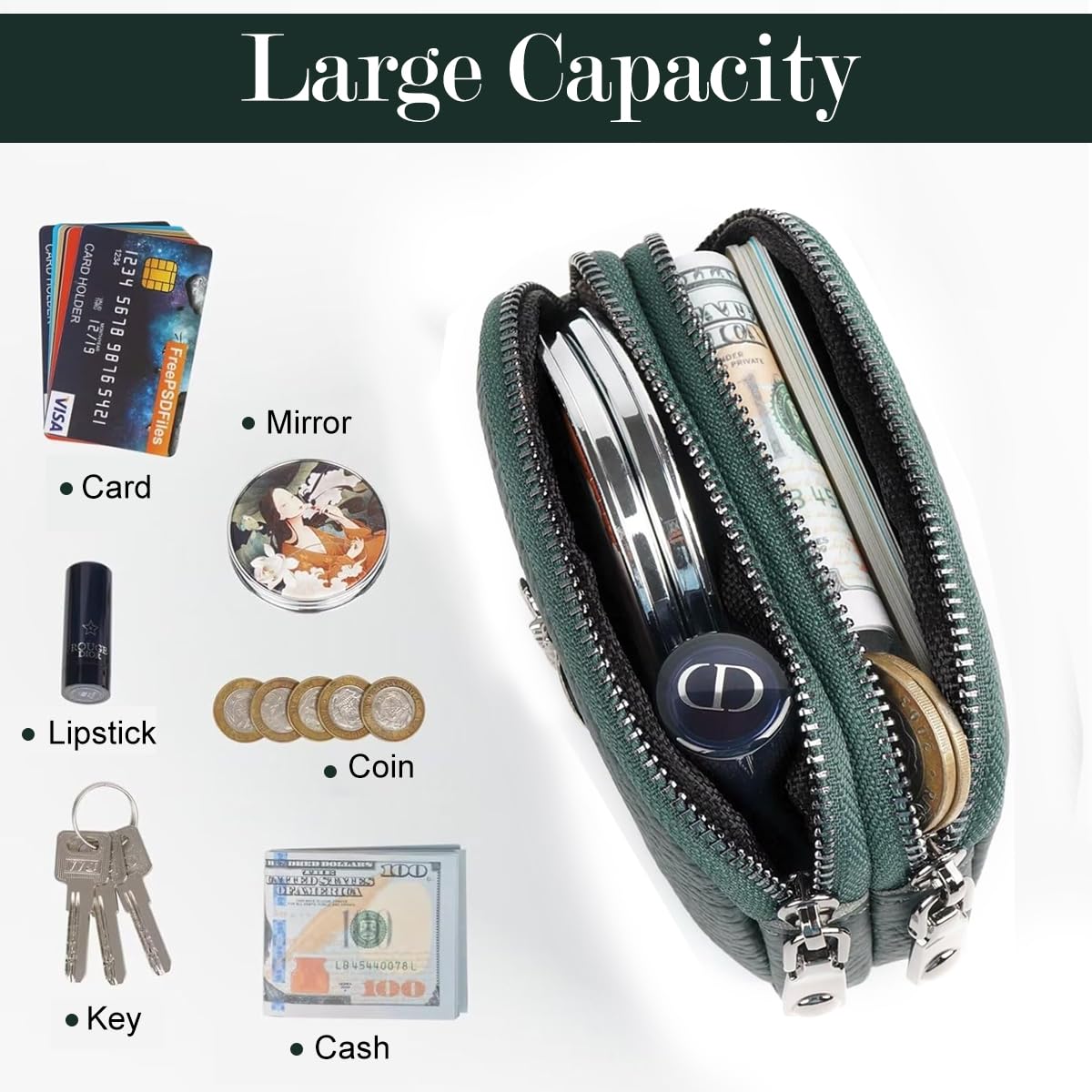 PALAY Coin Pouch Small Green PU Double Layer Zipper Purse 11x4x8cm 2