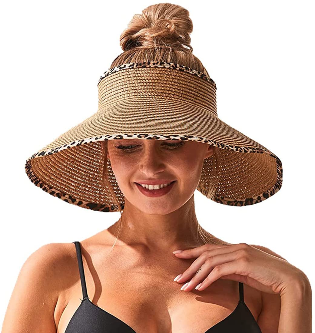 XRDSS Women Bowknot Straw Hat Wide Brim Visor Beach Cap Foldable Summer Sun Hats (Khaki B01)