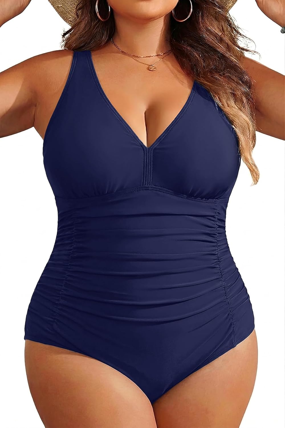 Aqua Eve Women Plus Size One Piece Swimsuits V Neck Tummy Control Bathing Suits Retro Ruched Swimwear