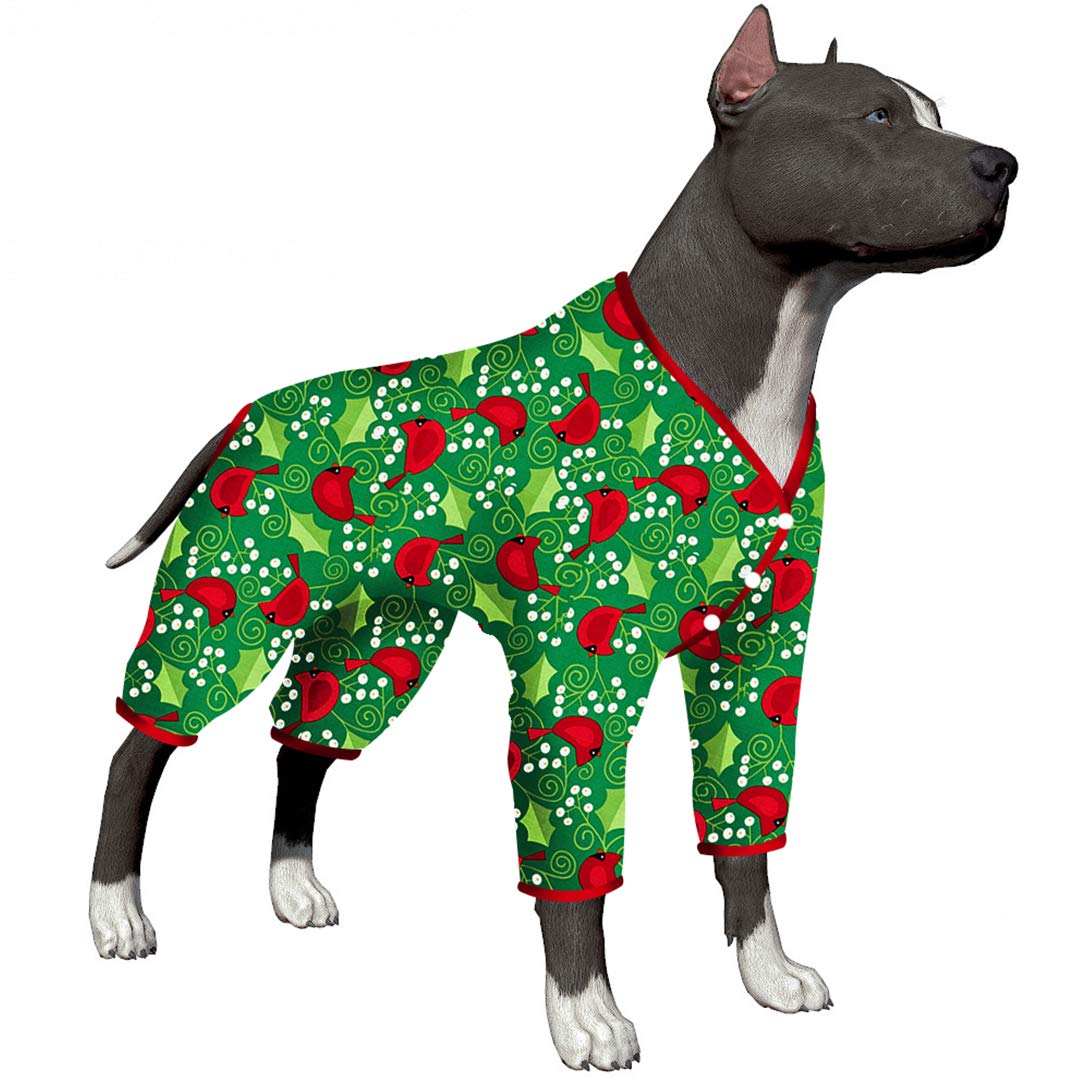 LovinPet Dog Pajamas Onesies for Large Dogs - Dog Pullover, Pet Pajamas for Dogs, Pitbull Shirt, Very Merry Cardinal & Green Prints,Post Surgery Shirt,UV Protection, Pet Anxiety, Large