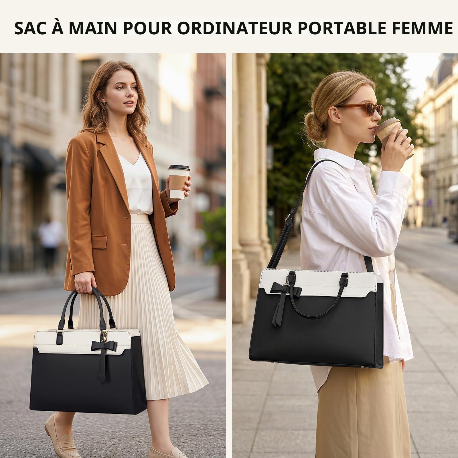 RAINSMORE Sac Cabas Femme Sac a Main Grande Capacité PU Cuir Sacs de Cours Ordinateur Portable 15,6 Pouces Imperméable 2 Pièces pour Voyage Affaires Travail