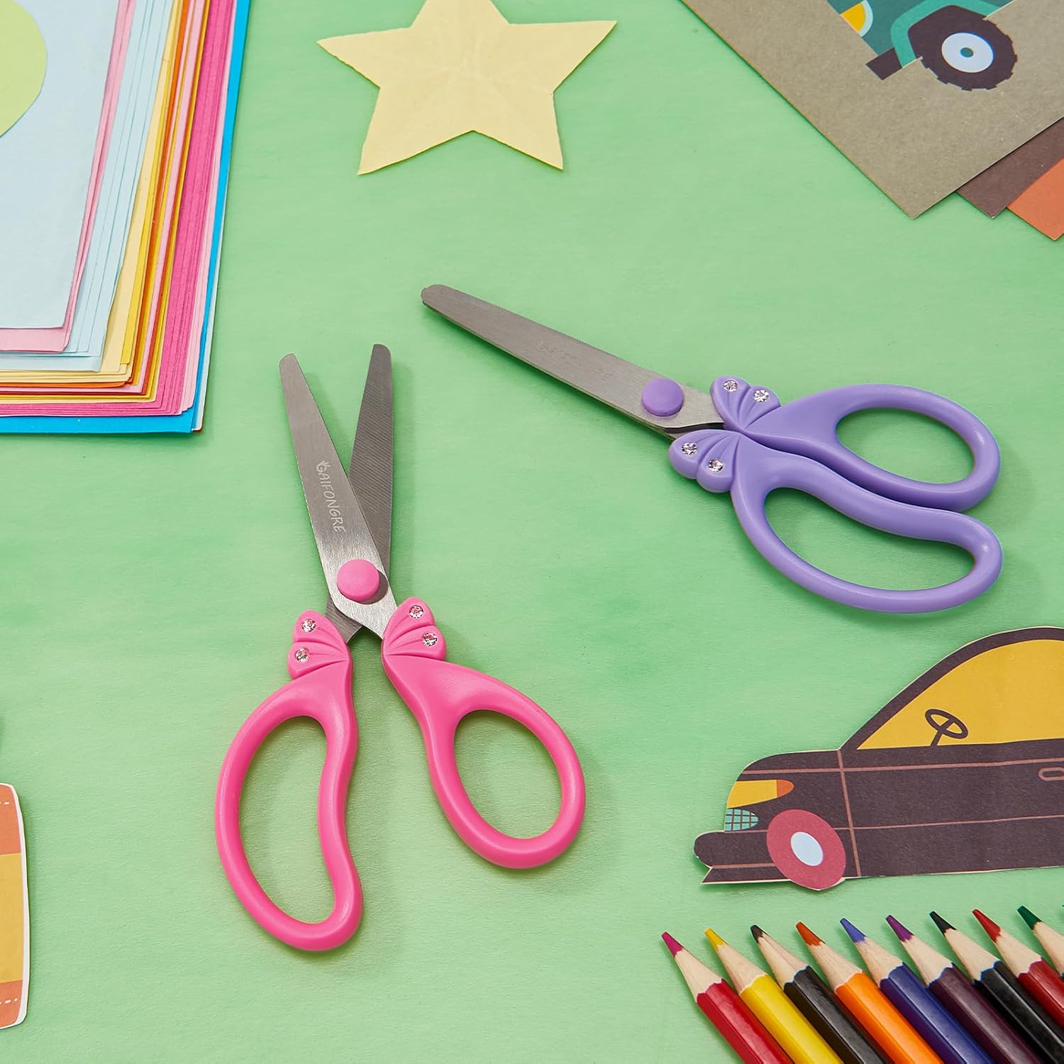 5″ Pink Kids Safety Blunt Tip Scissors, Ages 5-8 & 8-10 for Girls,Rounded Edge & Ergonomic Handles for Small School Student Children Toddler Classroom Cutting Paper,Home DIY (Pink Violet)