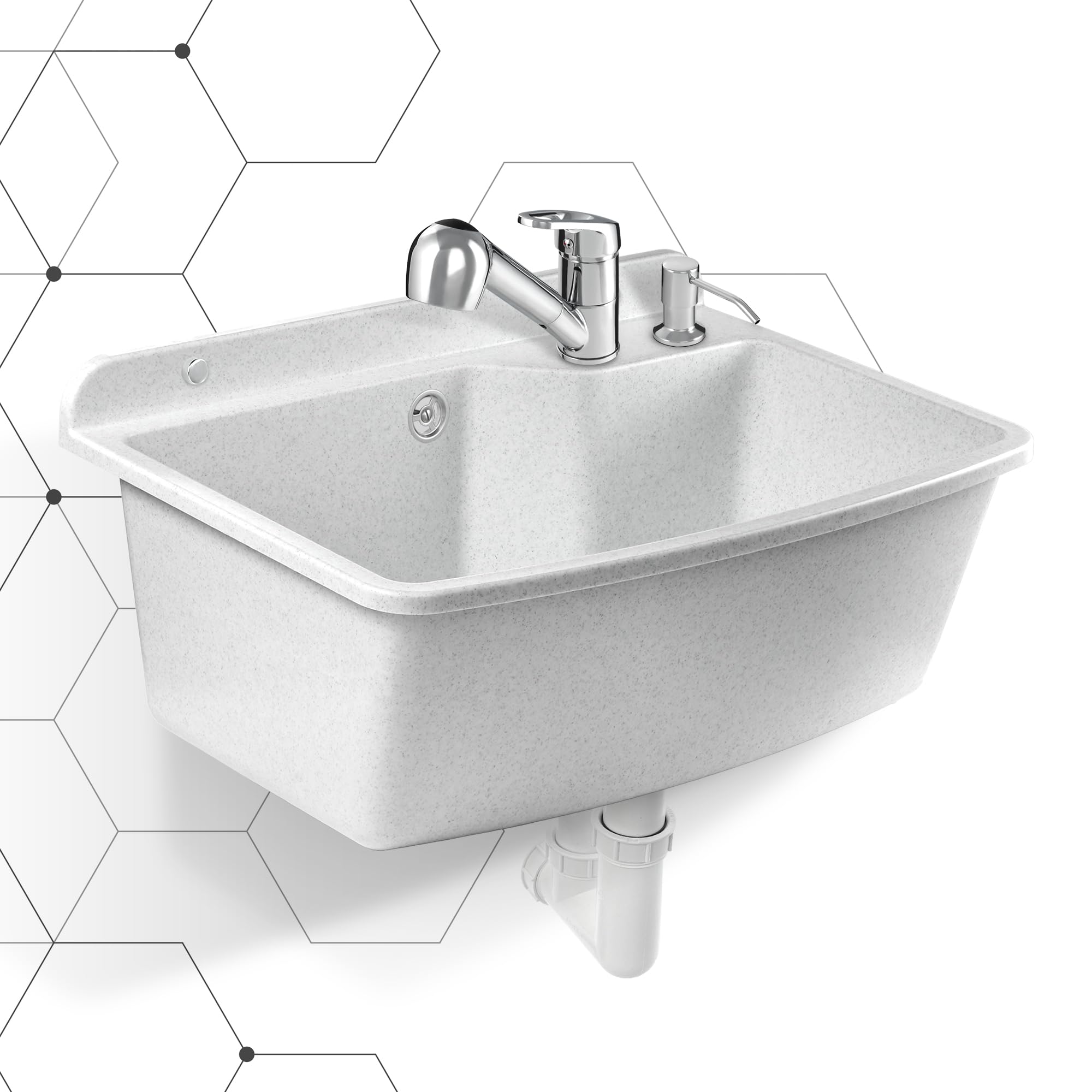 GOSPO Lavabo avec robinet extensible, 61 x 44 x 23,5 cm, bac de lavage avec distributeur de savon, siphon, évier avec accessoires, buanderie, lavabo industriel, blanc