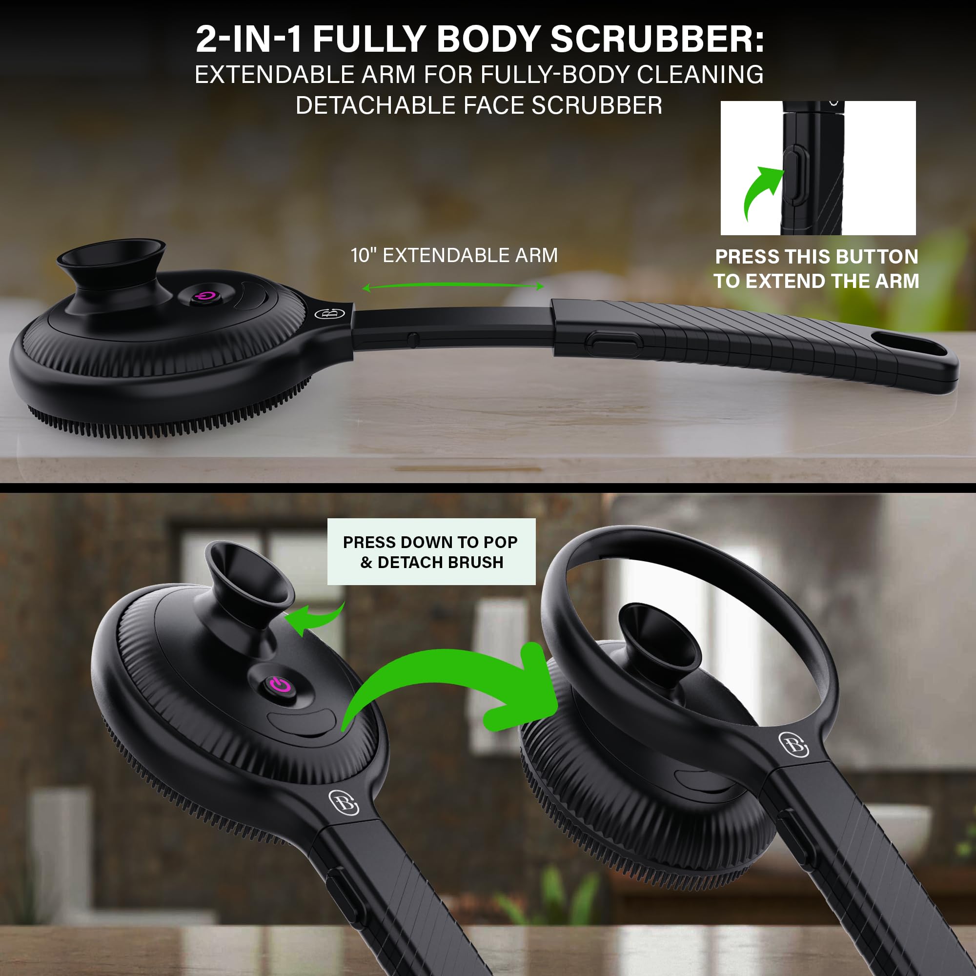 Bella Ciao Limpiador vibratorio de ducha corporal y facial para hombres, 4 modos de vibración, mango extensible, cabezal desmontable, cepillo de masaje de silicona, carga USB-C, IPX7 impermeable